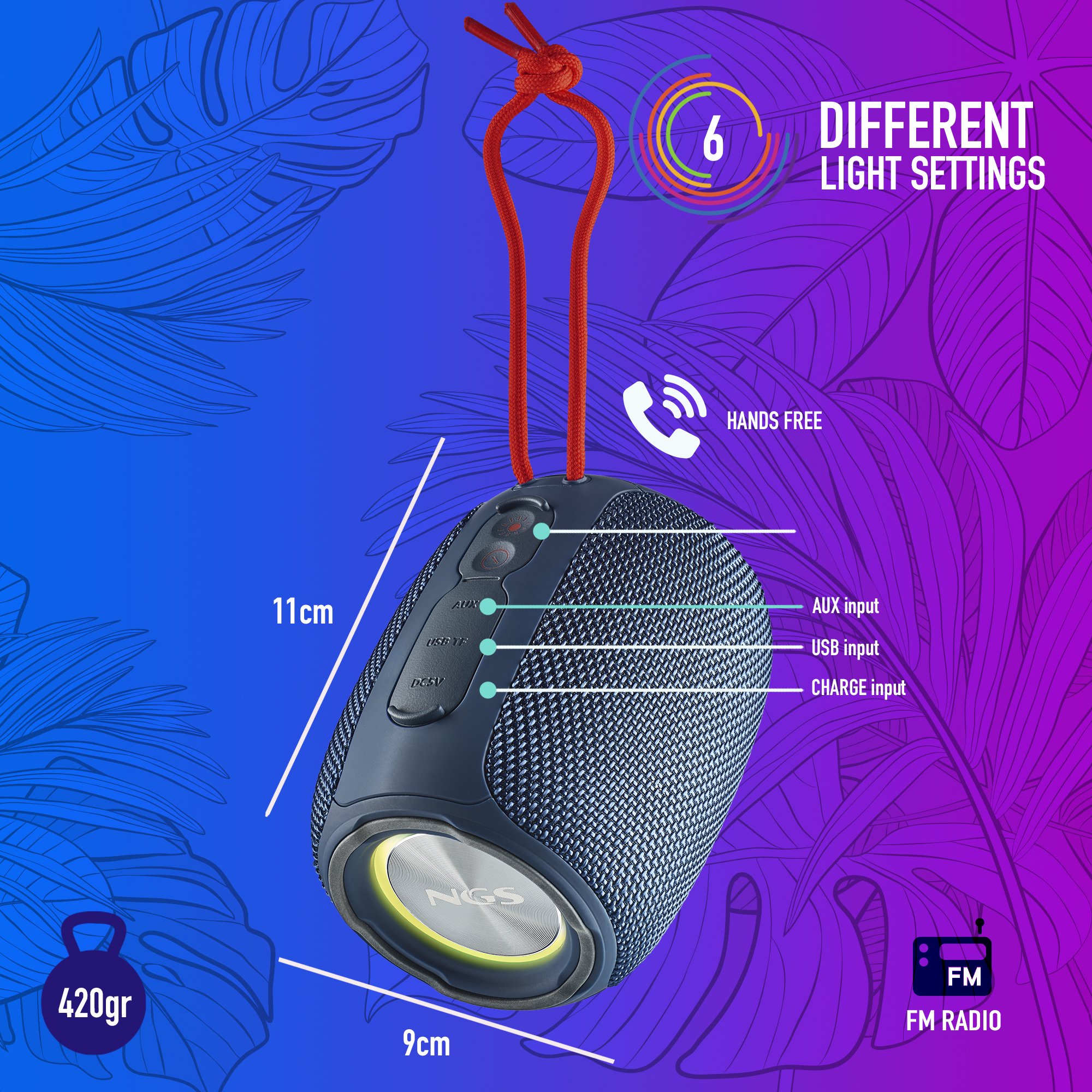 Niebiesko-czarny głośnik z czerwonym paskiem. Posiada kilka wejść i elementów sterujących. Tekst mówi 'Głośnomówiący'.