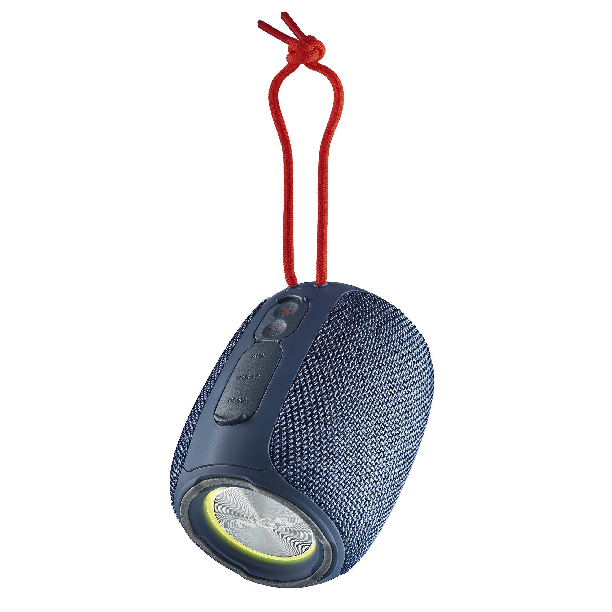 Niebiesko-szary głośnik z czerwonym sznurkiem, z przyciskami i siatką głośnika.