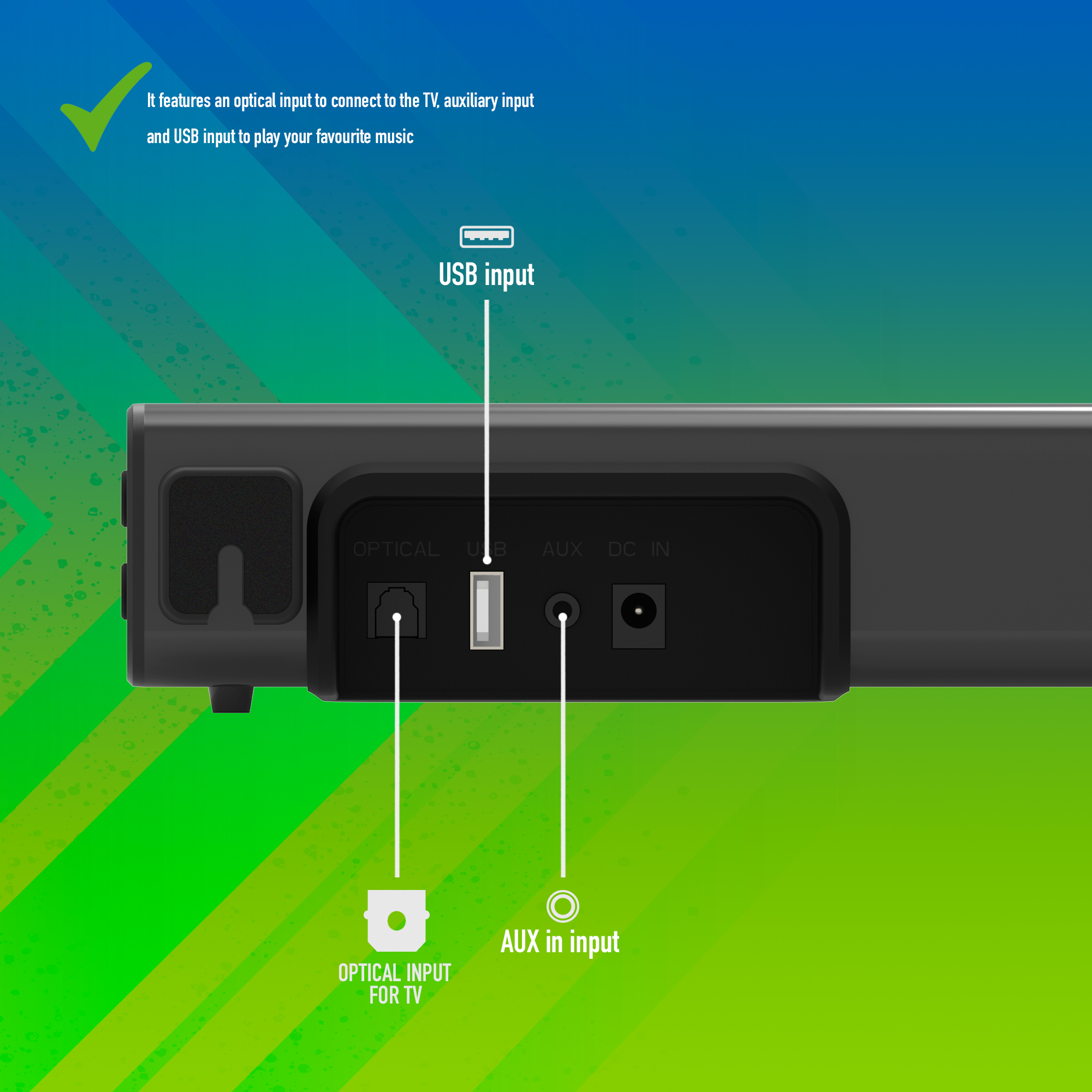 Schwarze Soundbar mit USB-, optischen und AUX-Eingängen. Text zeigt optischen Eingang für TV.