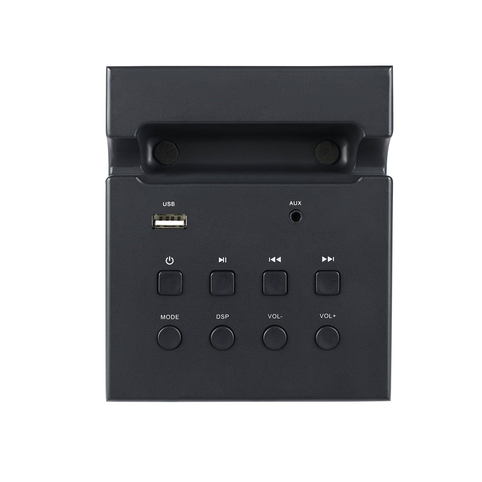 Schwarzes Lautsprecher-Bedienfeld mit Tasten, USB- und AUX-Anschlüssen. Tasten umfassen Ein/Aus, Wiedergabe/Pause und Lautstärke.