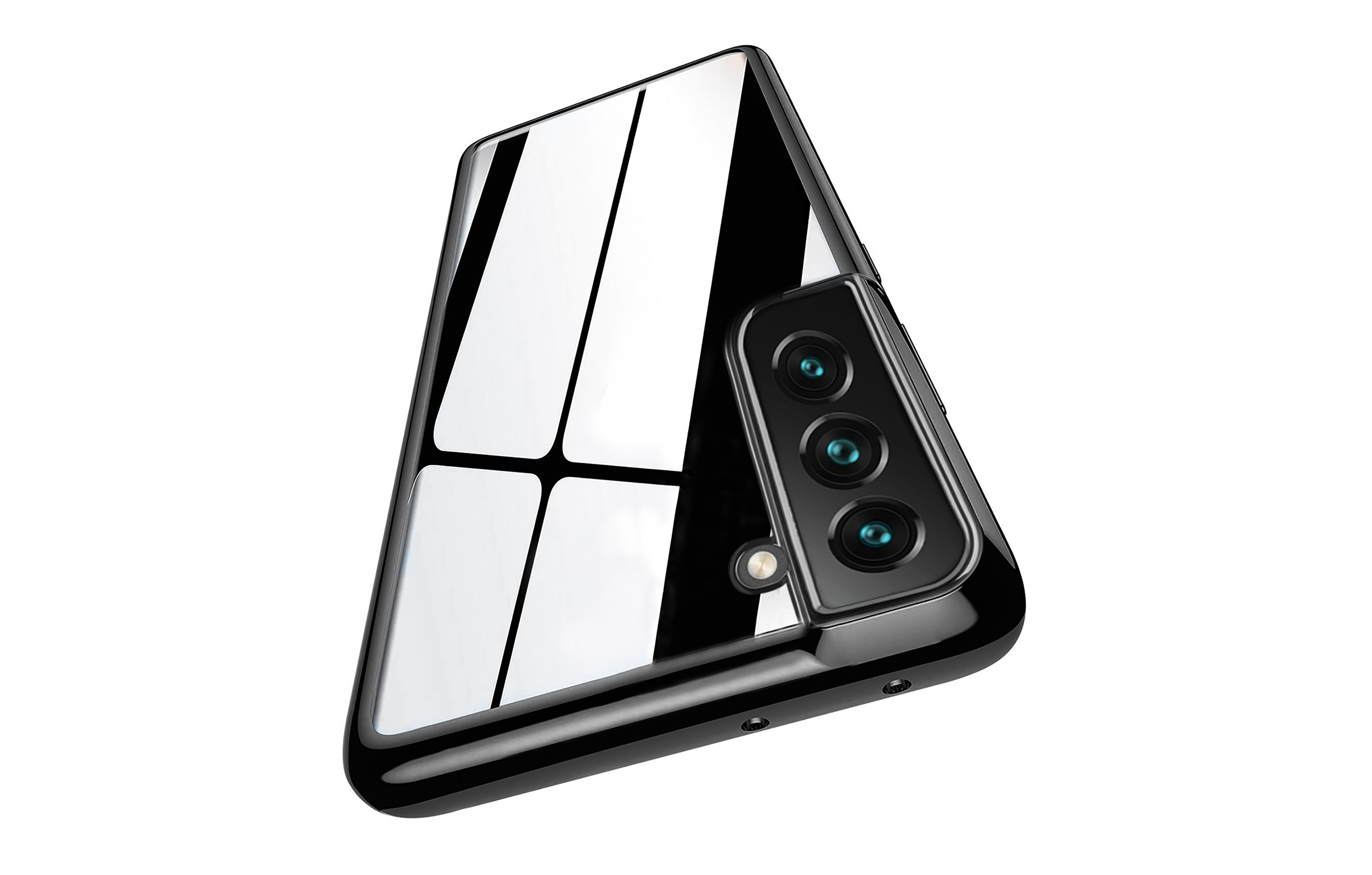Schwarzes Telefon mit Kamera-Bump, glänzende Rückseite, abgewinkelt. Weißer Hintergrund.