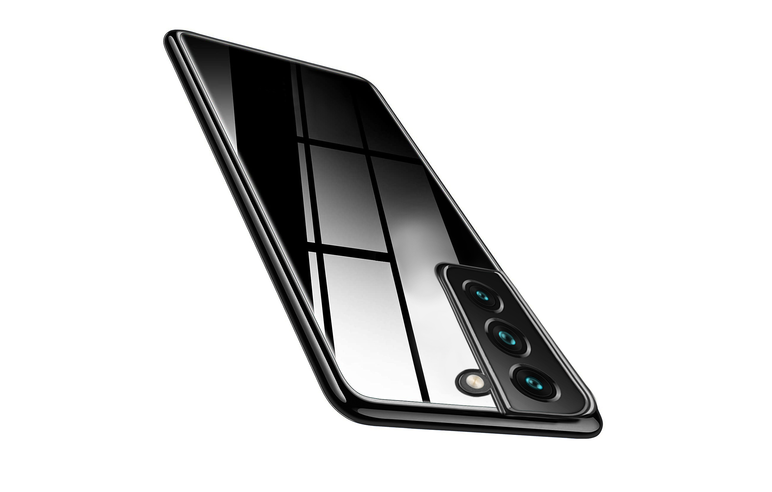 Schwarzes Telefon mit glänzendem Rücken und drei Kameralinsen. Das Telefon ist leicht geneigt.