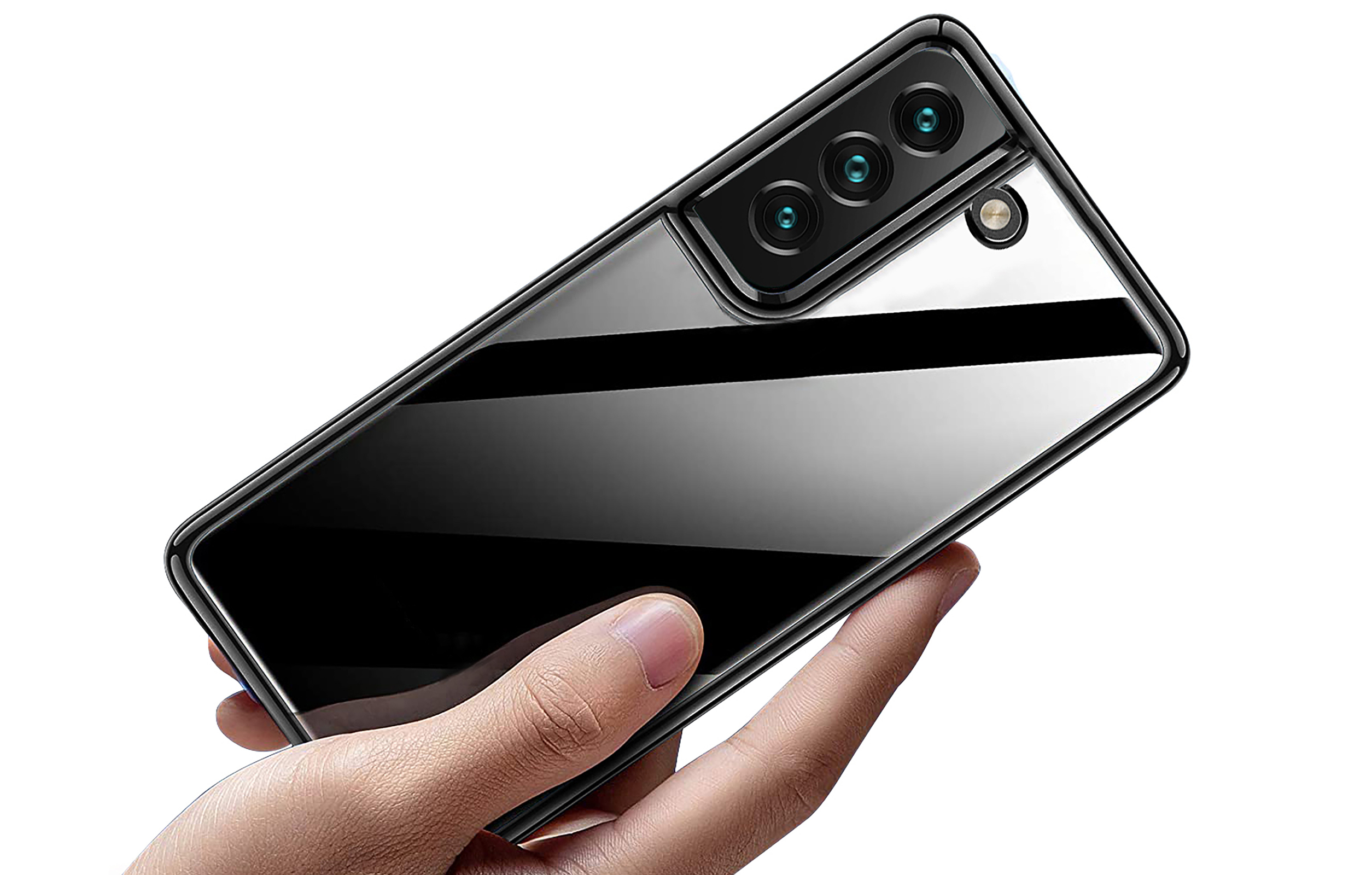 Eine Hand, die ein Telefon mit schwarzer Rückseite und Kamera hält.