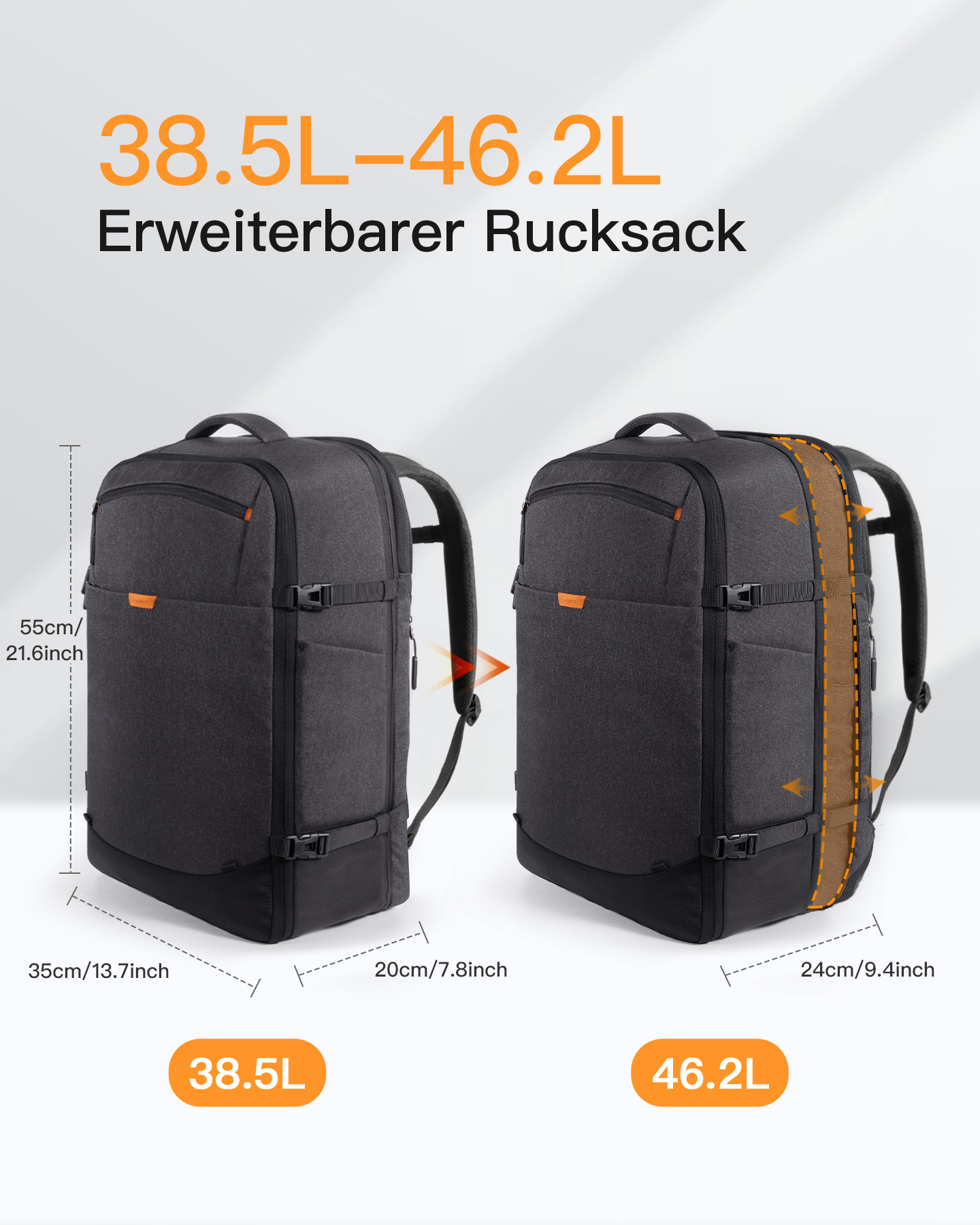 Rucksack INATECK spritzwassergeschütztes Laptop Schwarz, Rucksack, Unisex erweiterbarer 38.5-46.2 L Handgepäck