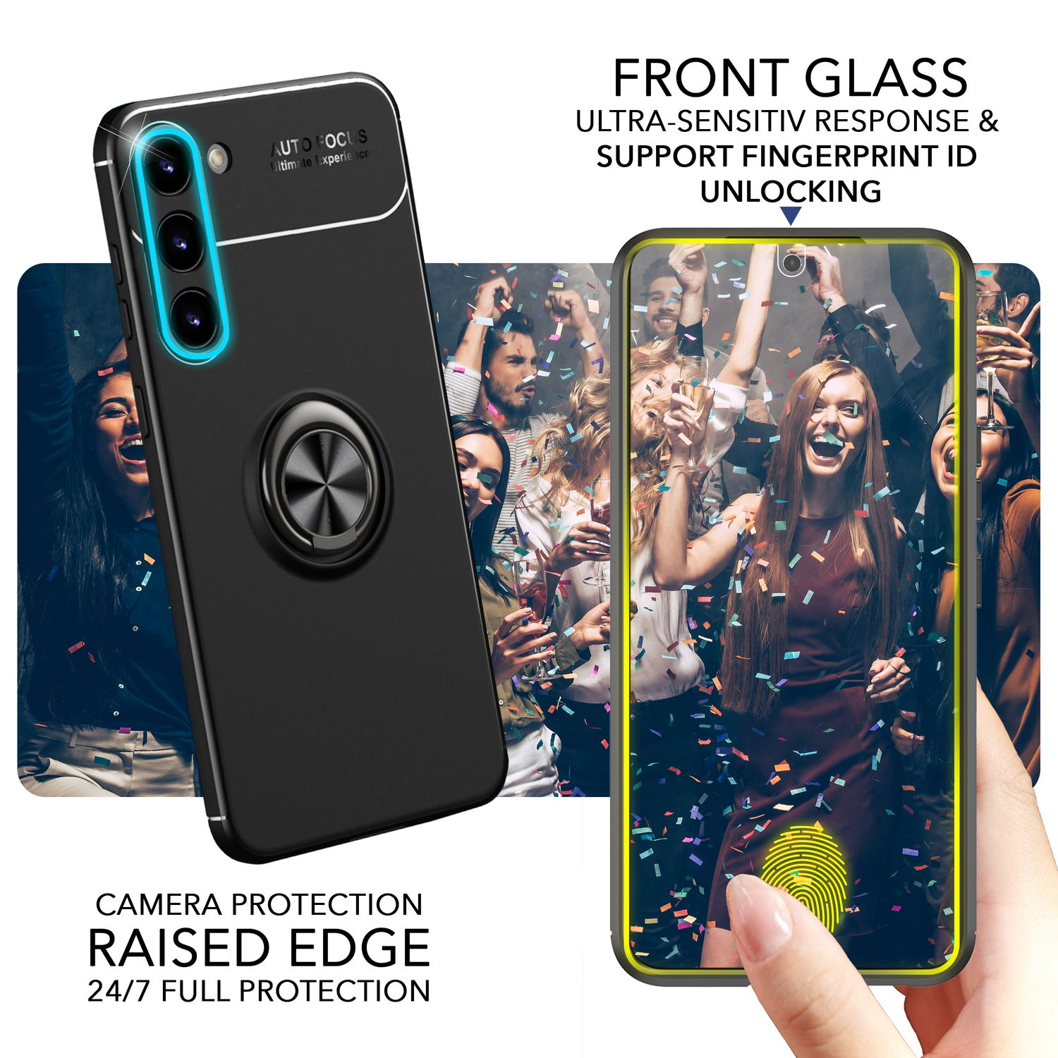 Ein schwarzes Telefon mit einem Ringständer auf der Vorderseite, das eine Fingerabdruck-Entsperrfunktion anzeigt.