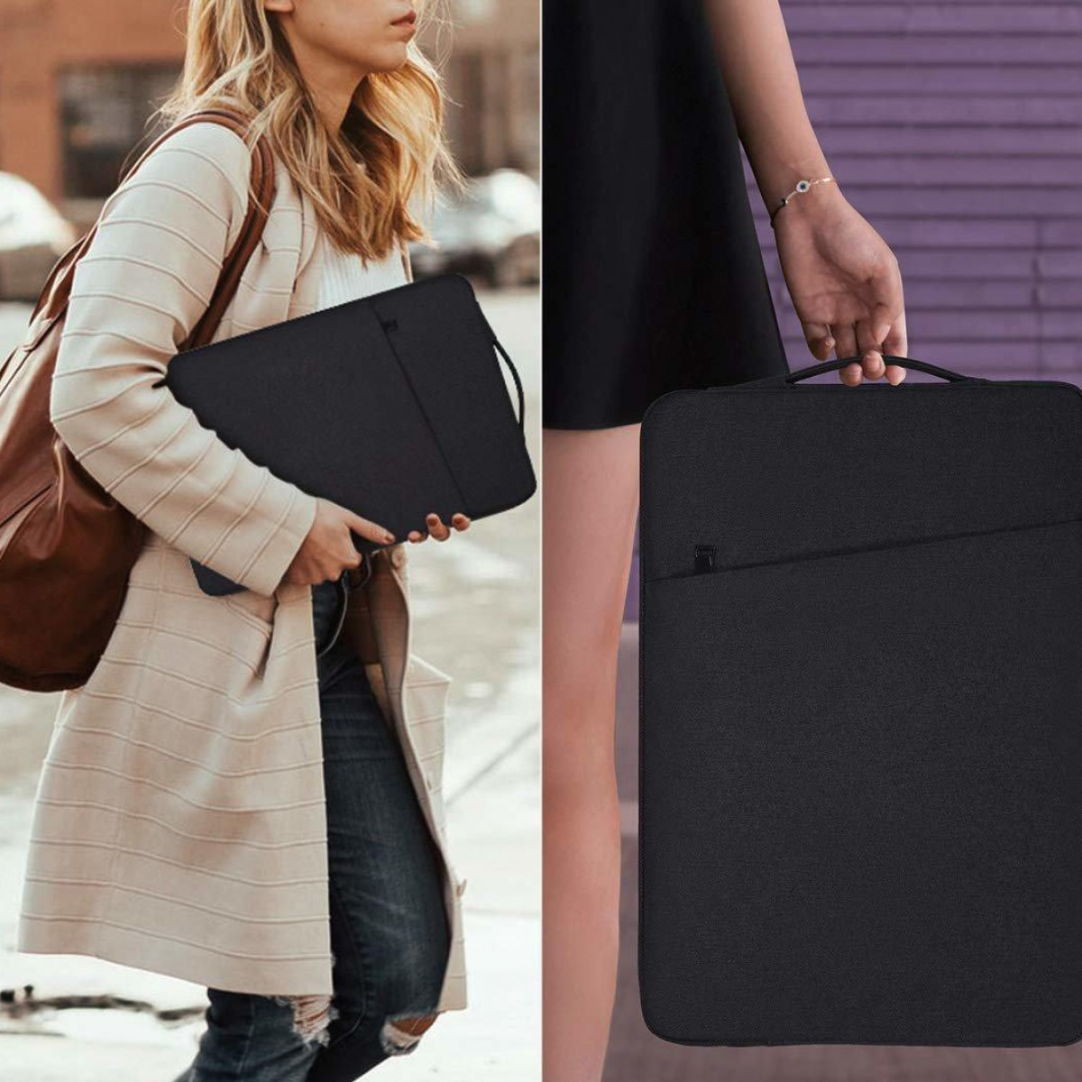 Dwie osoby trzymające czarne etui na laptopy. Jedna trzyma brązową torbę. Białe tło.