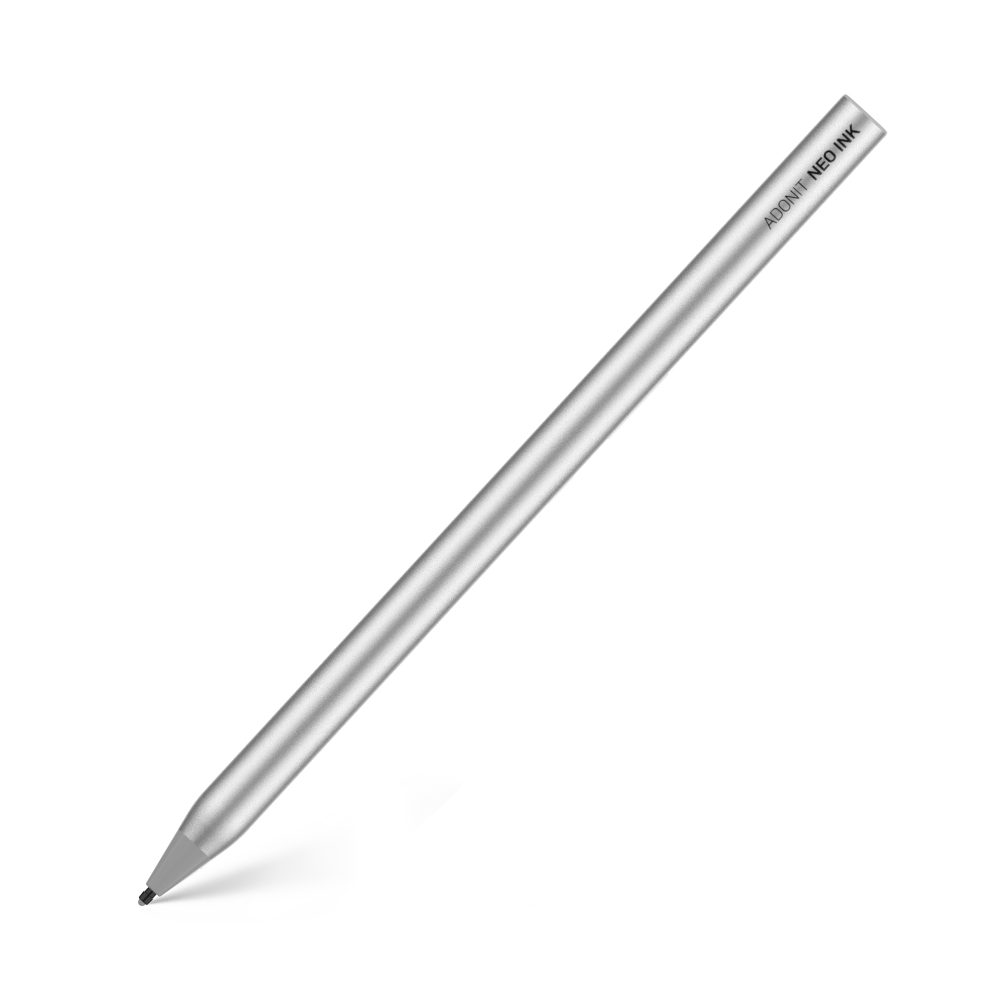 Silberner Eingabestift auf weißem Hintergrund. Der Stift hat eine schwarze Spitze.