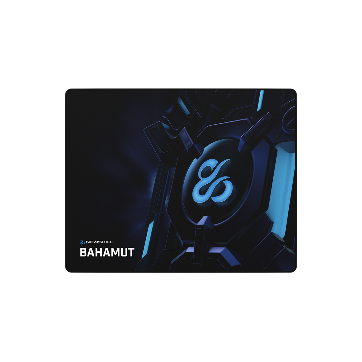 Czarna podkładka pod mysz z podświetlonym na niebiesko logo.