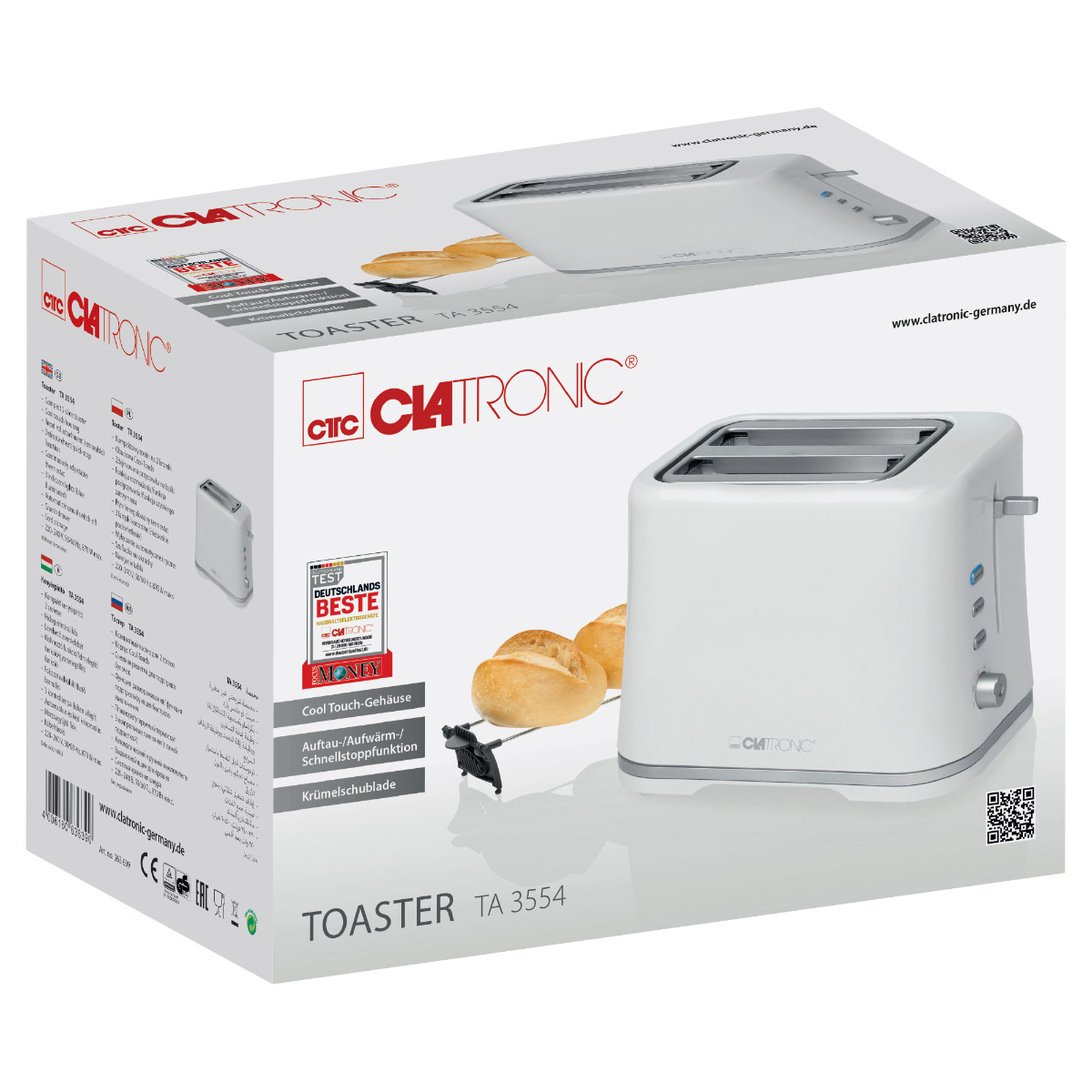 Caja de tostadora blanca y gris y la tostadora. El fondo es blanco.