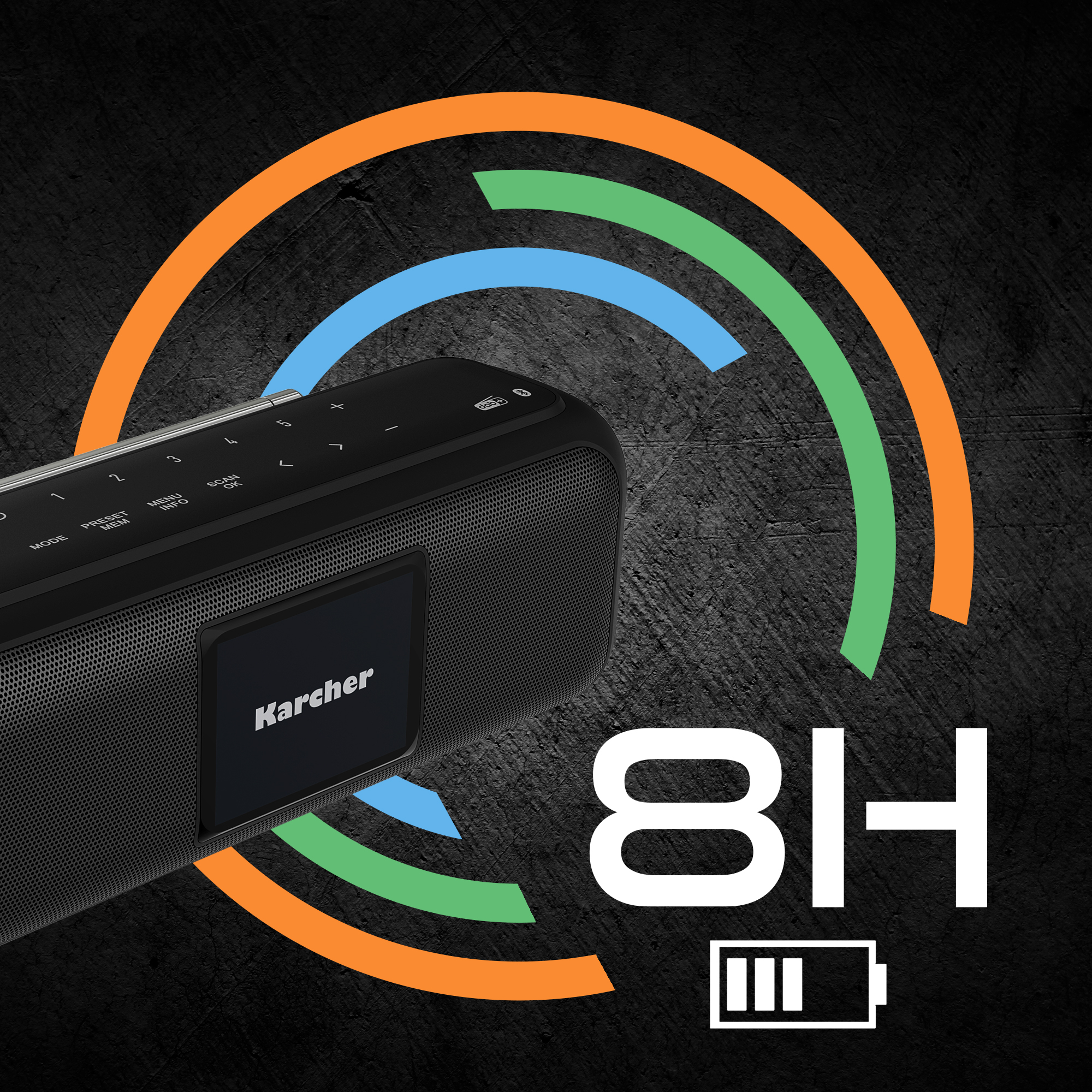 Altavoz negro con líneas naranja, azules y verdes alrededor. Texto blanco: 8H.
