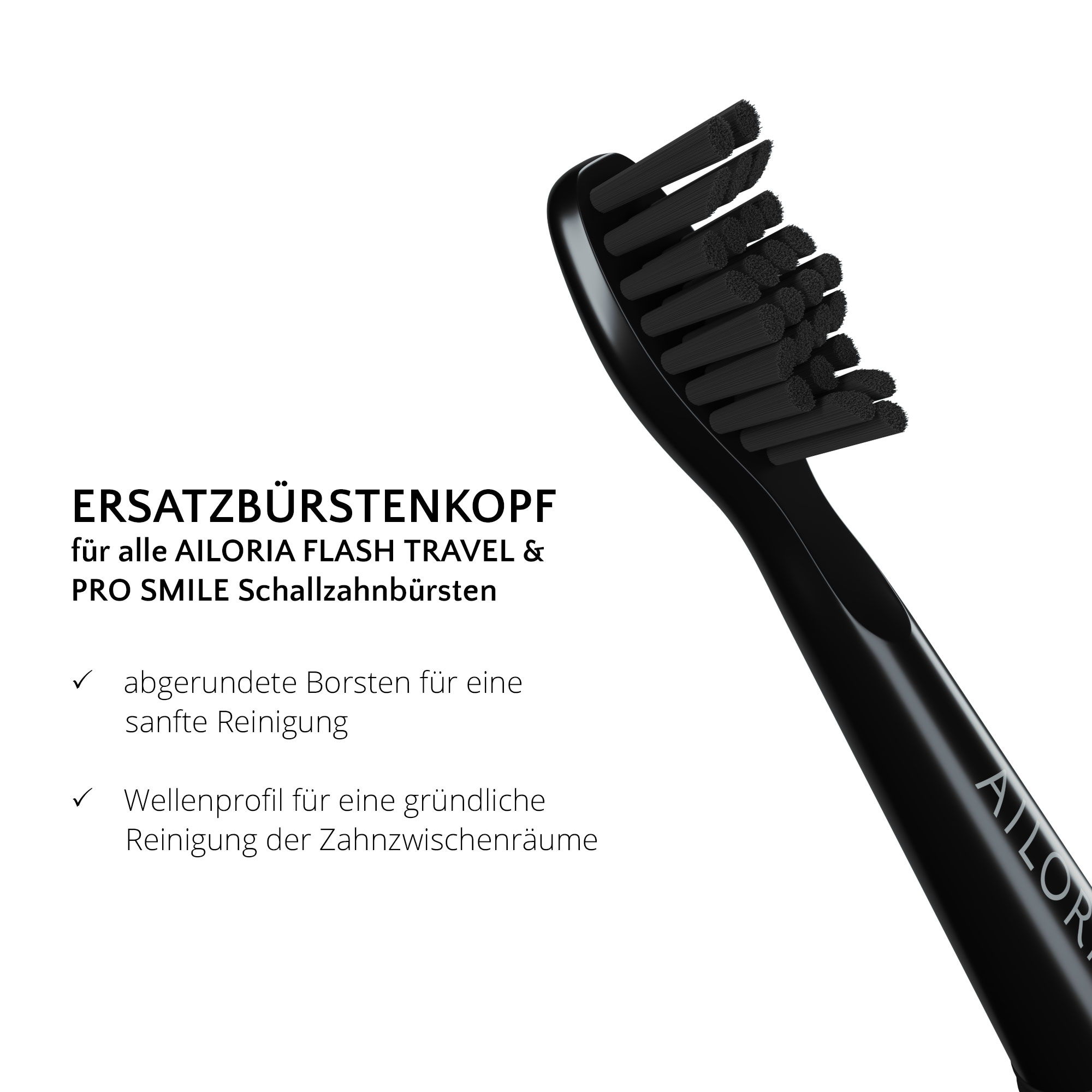 Nahaufnahme eines schwarzen Zahnbürstenkopfes. Der Text lautet 'Ersatzbürstenkopf'.