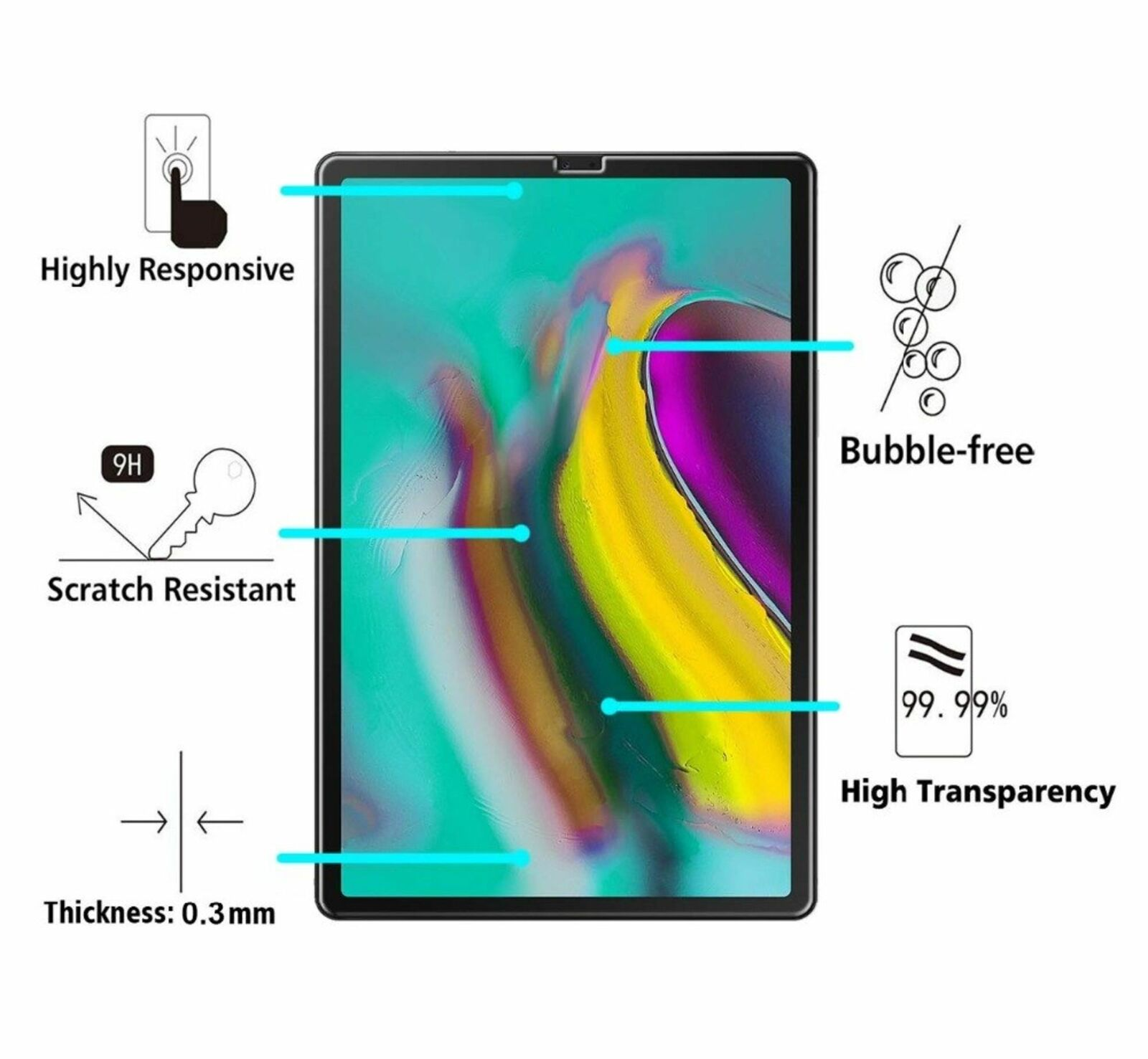 Schermo del tablet con funzioni etichettate: reattivo, resistente ai graffi, senza bolle e trasparente.
