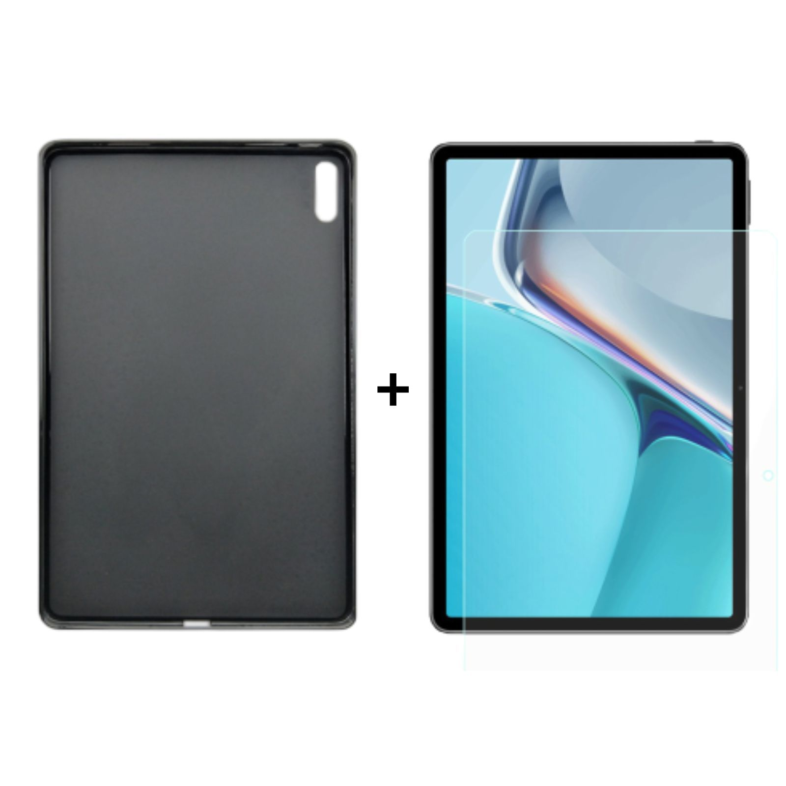 Tablet und Hülle. Die Hülle ist schwarz. Das Tablet hat eine Displayschutzfolie.