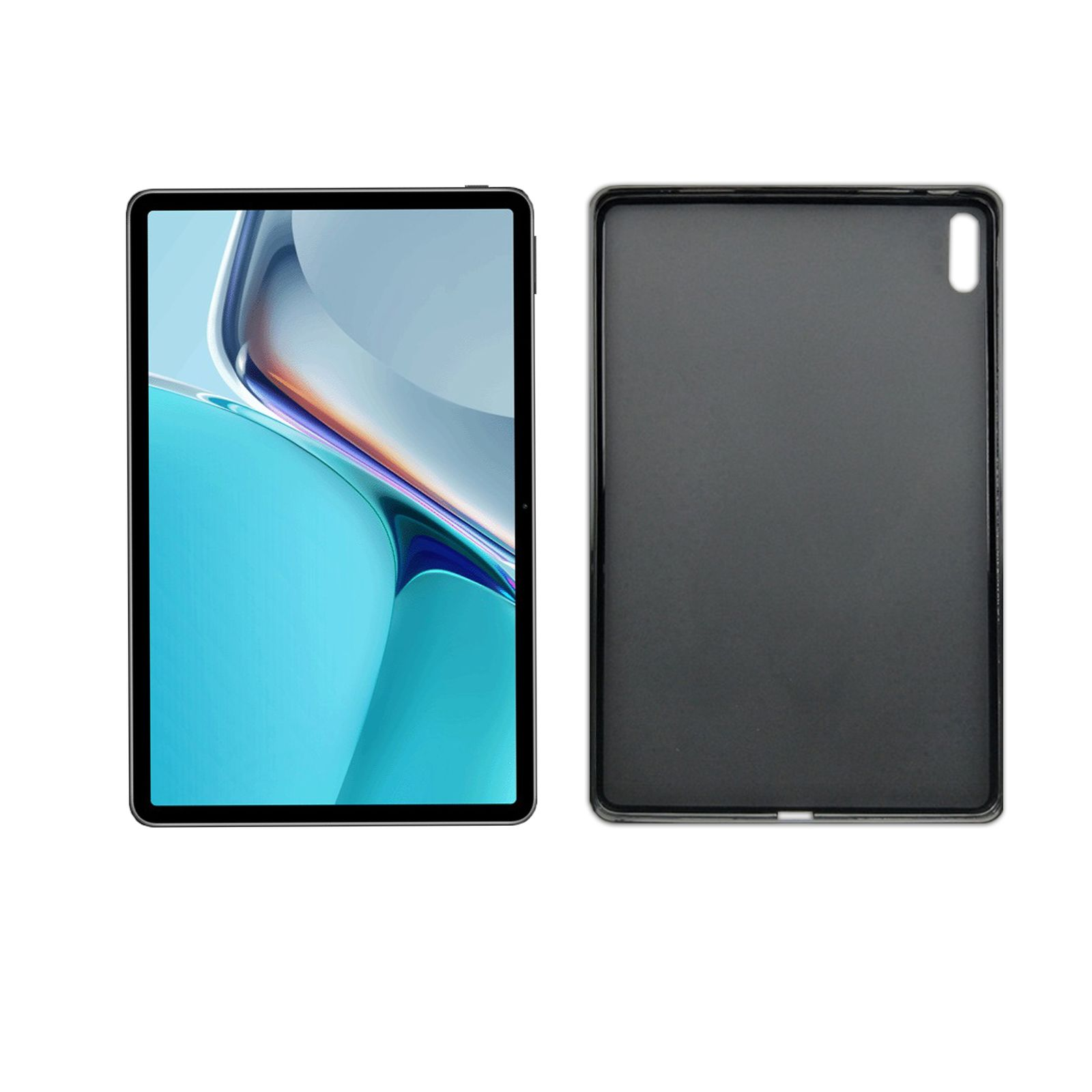 Ein Tablet auf weißem Hintergrund. Eine Seite ist der Tablet-Bildschirm, die andere Seite eine schwarze Hülle.