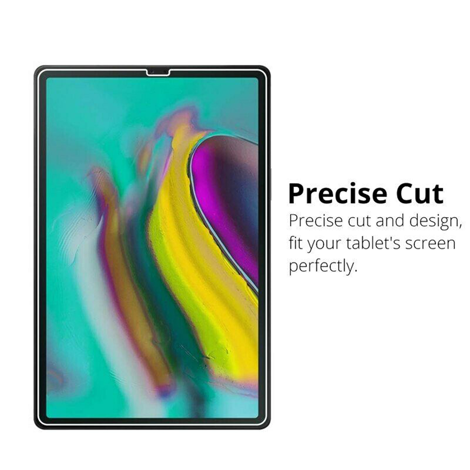 Un proteggi schermo per tablet su sfondo bianco. Il testo dice 'Precise Cut' con dettagli del design.