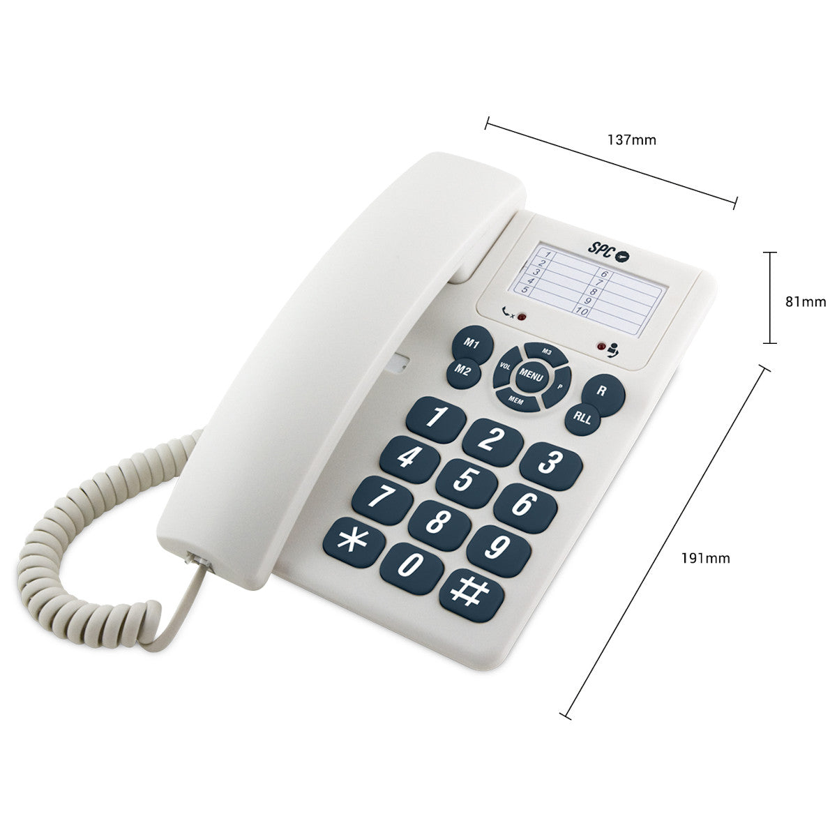 Teléfono fijo blanco, con botones grandes, dimensiones y medidas.