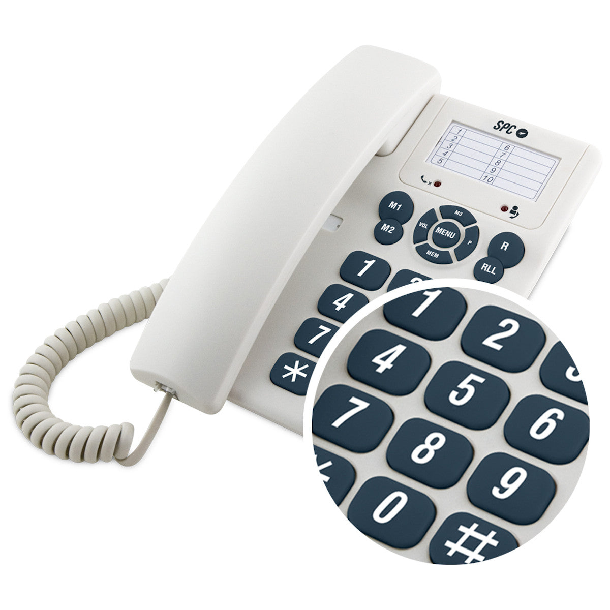 Teléfono fijo blanco con botones grandes. Un primer plano muestra las teclas numéricas azules de gran tamaño.