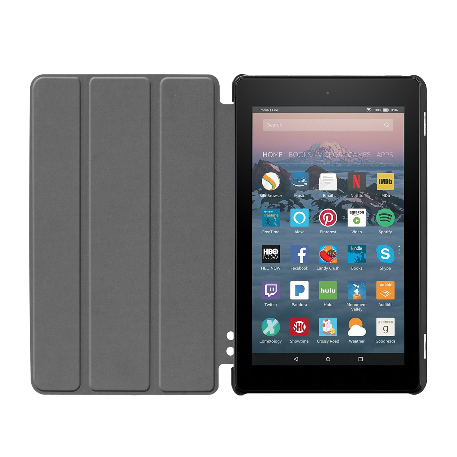 Schwarzes Tablet mit Apps auf dem Bildschirm, gehalten in einem grauen Case. Das Case ist offen.