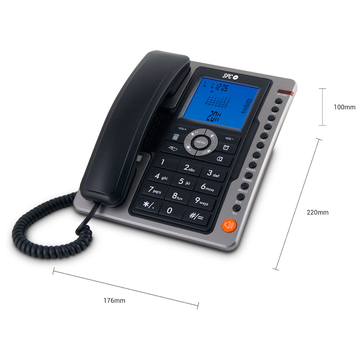 Telefono da ufficio nero e grigio con display, pulsanti e dimensioni.