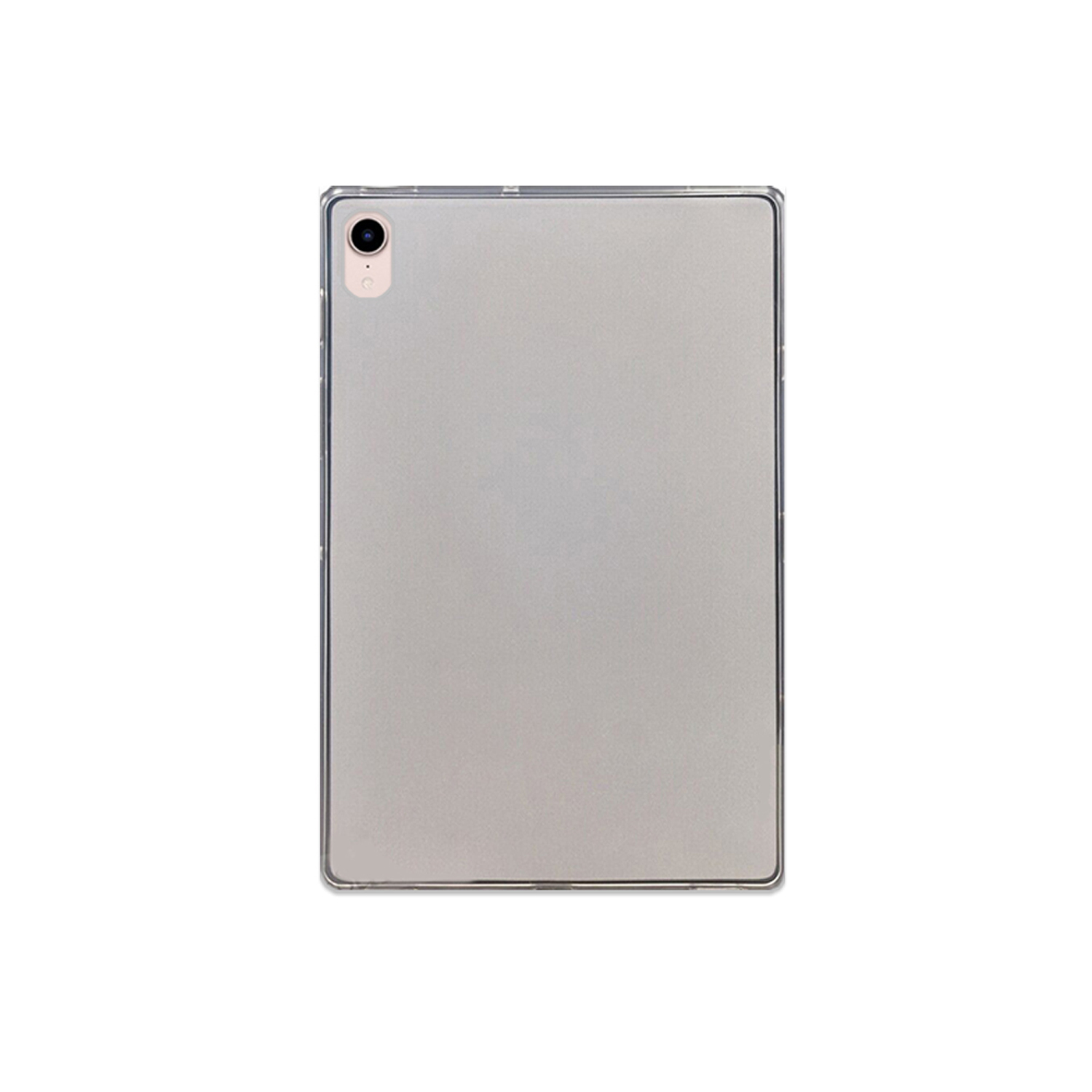 Ein Tablet mit einer transparenten Hülle. Die Rückseite ist silberfarben, mit Kamera links oben.