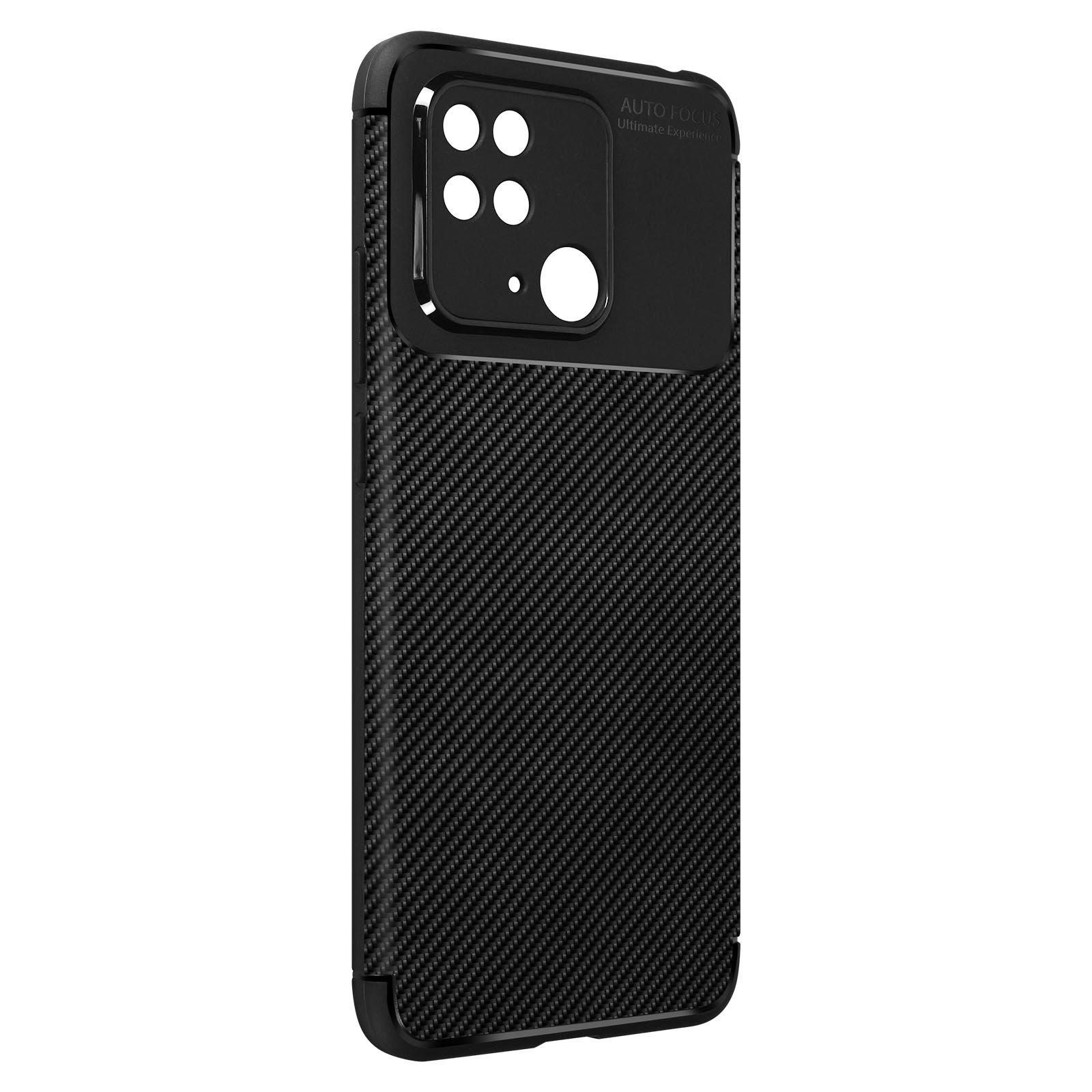 Schwarze Handyhülle, Carbonfaser-Look. Mehrere Kameras sind sichtbar. Schwarzer Hintergrund.