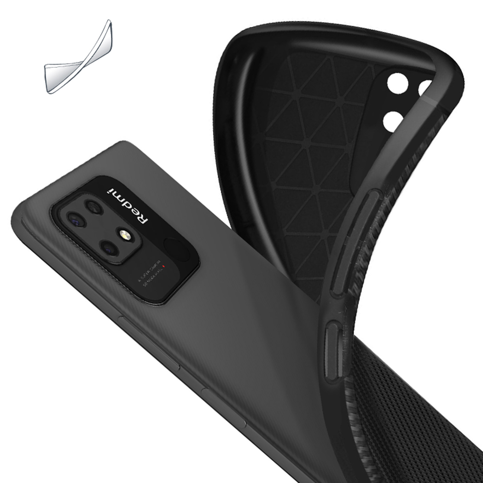 Eine schwarze Handyhülle mit dem Redmi-Logo und strukturierter Rückseite, teilweise geöffnet.