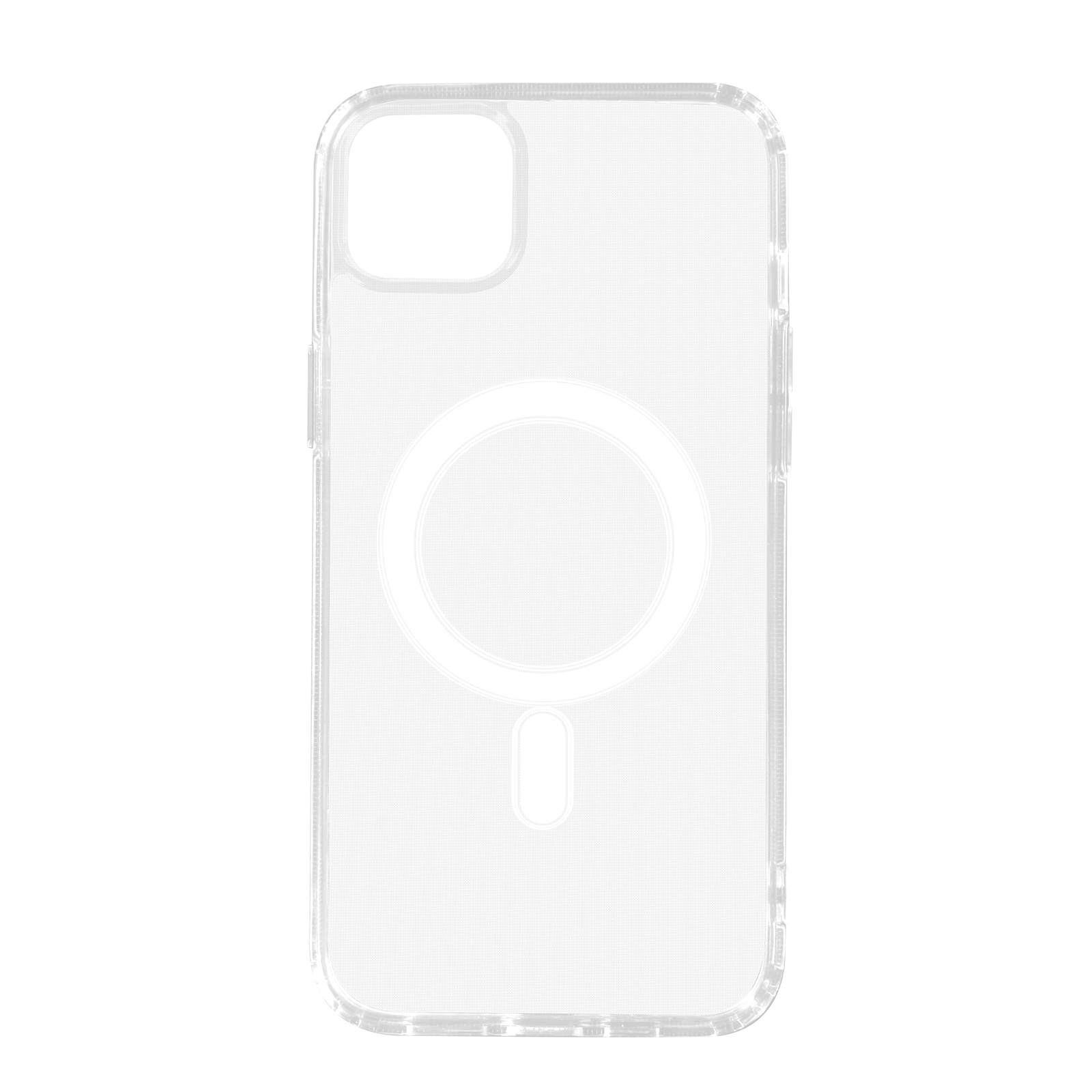 Custodia trasparente per telefono con ritaglio per fotocamera e area di ricarica magnetica circolare.