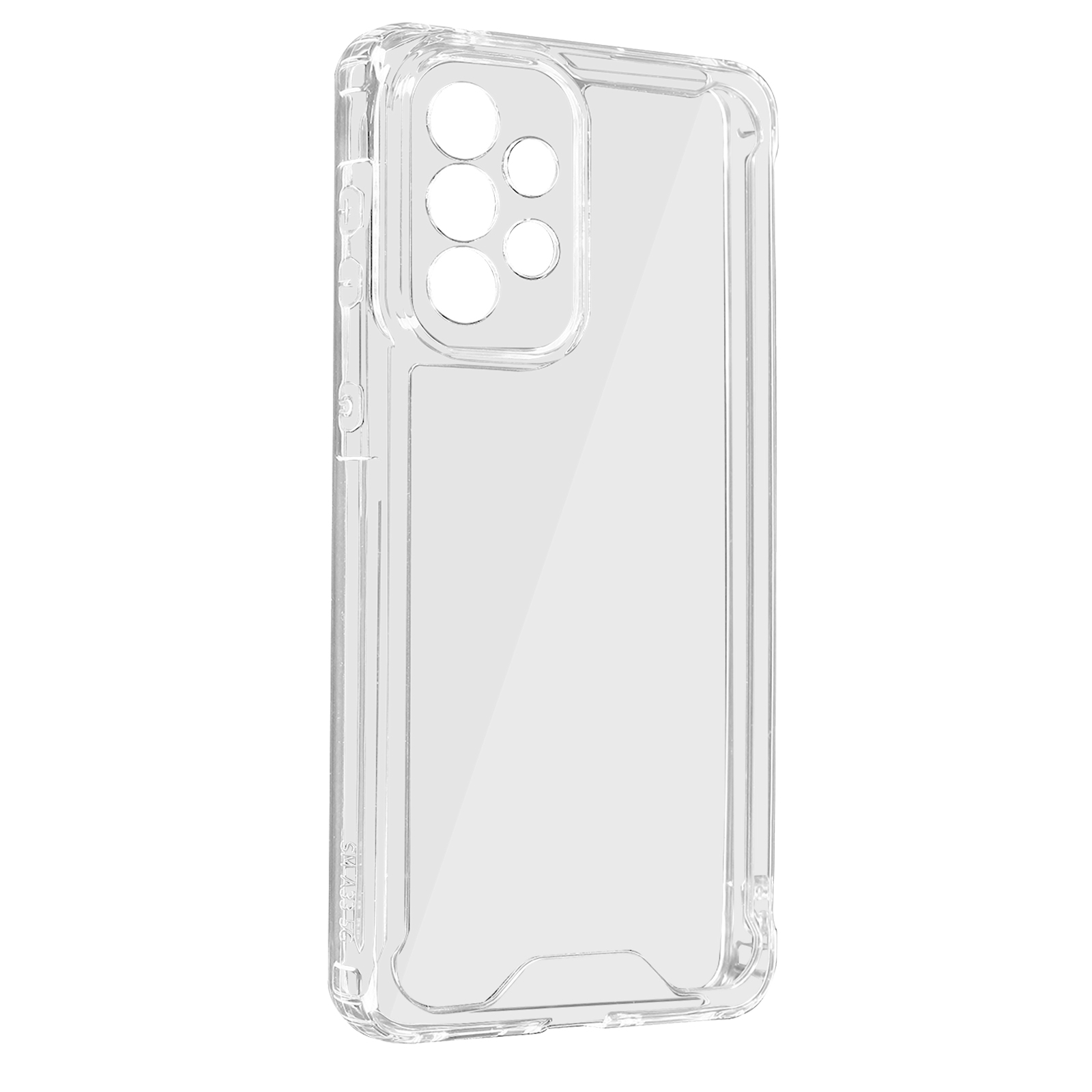 Transparante telefoonhoes met knoppen en camera-uitsparingen, toont het ontwerp van de telefoon.