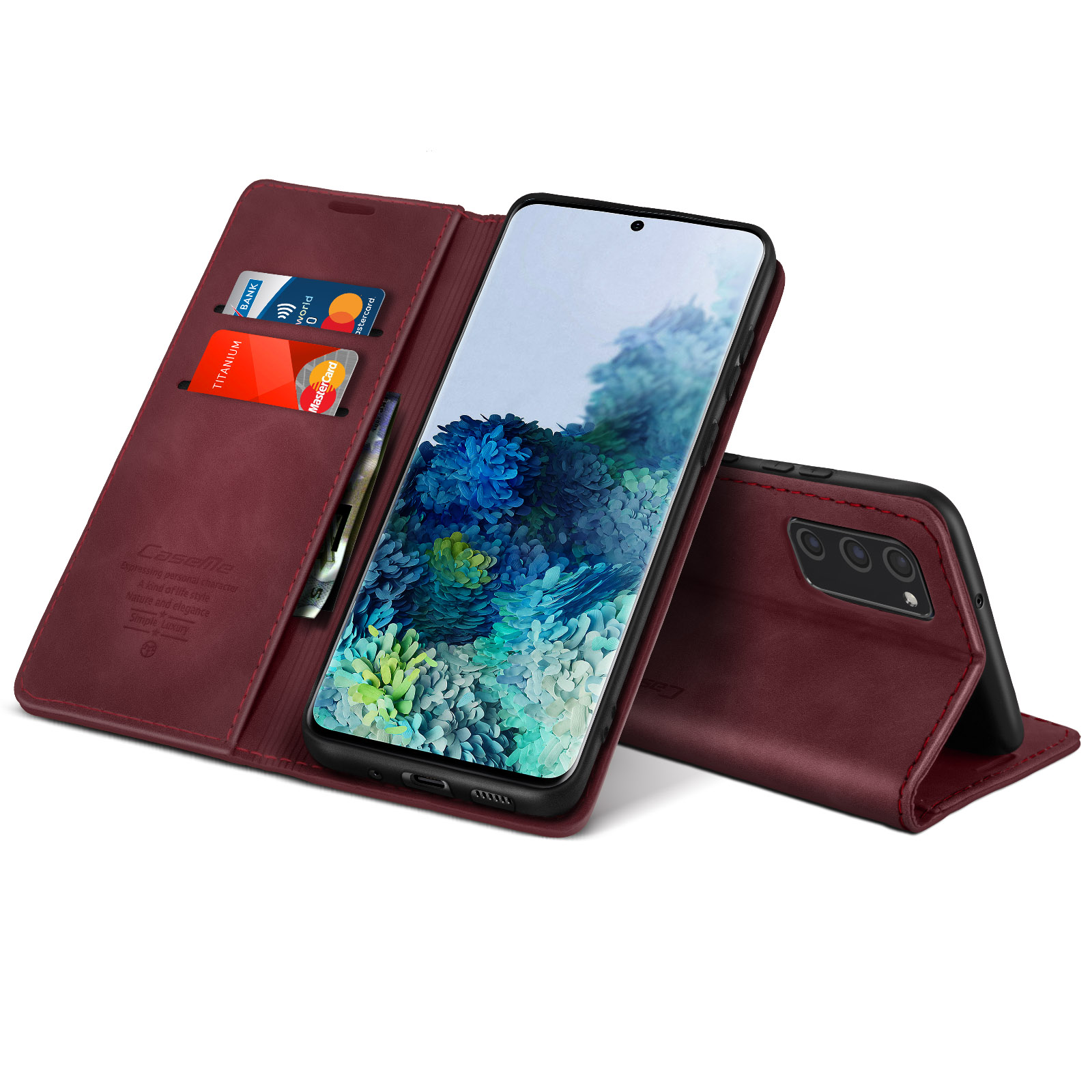 Bordeauxrotes Folio-Handycase offen, Handy und Karten sichtbar, mit Stift.