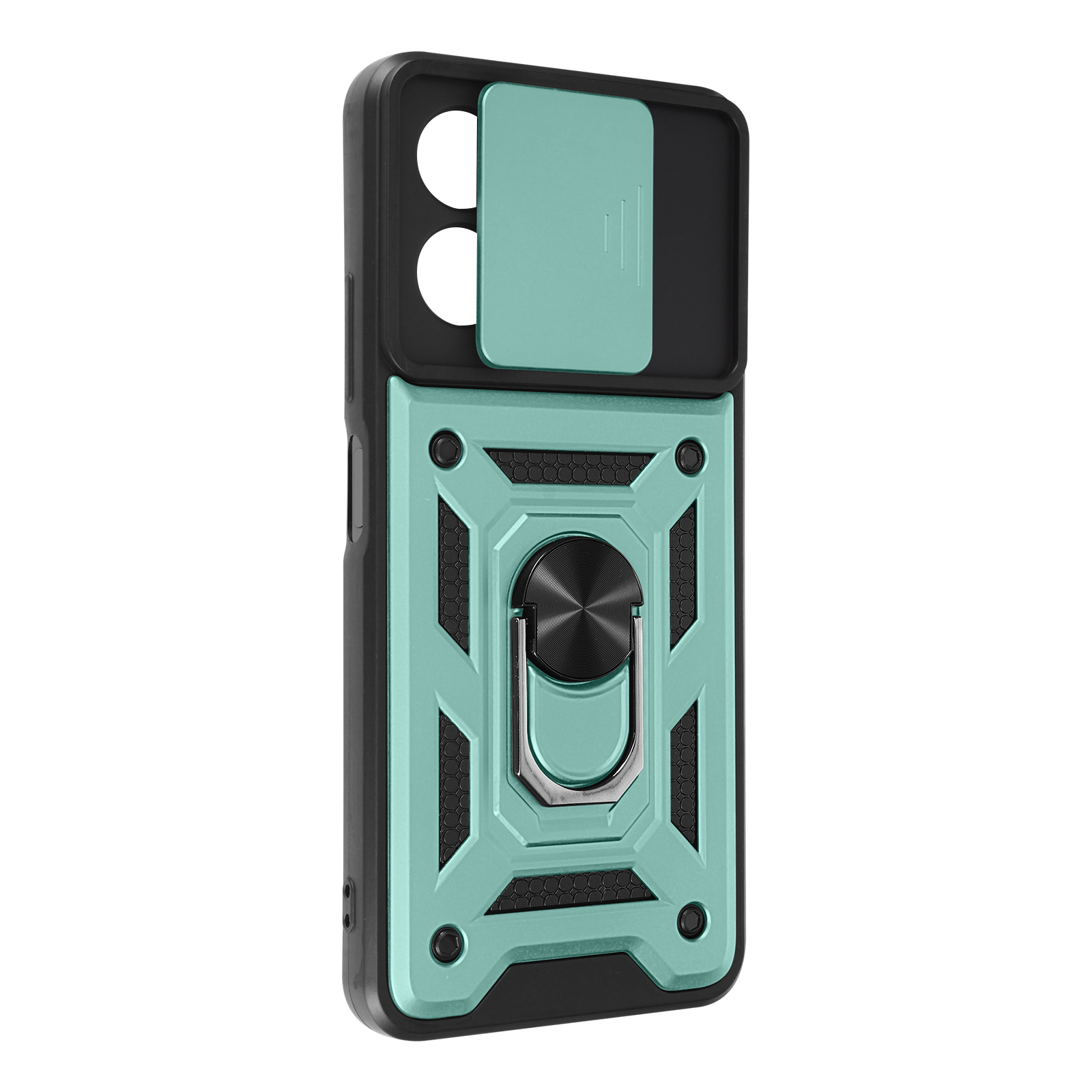 Una custodia per telefono color verde acqua con una copertura per fotocamera nera, un supporto per anello e un motivo a griglia.