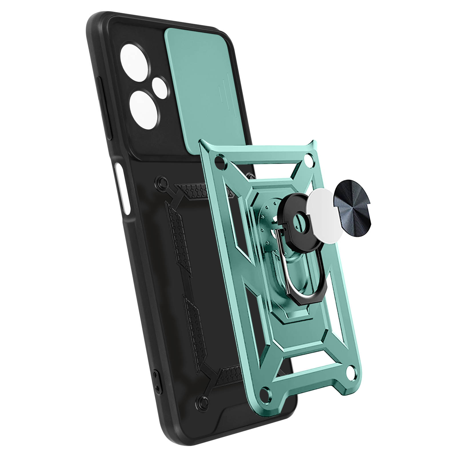 Custodia per telefono verde con supporto ad anello. La custodia è nera. Lo sfondo è bianco.