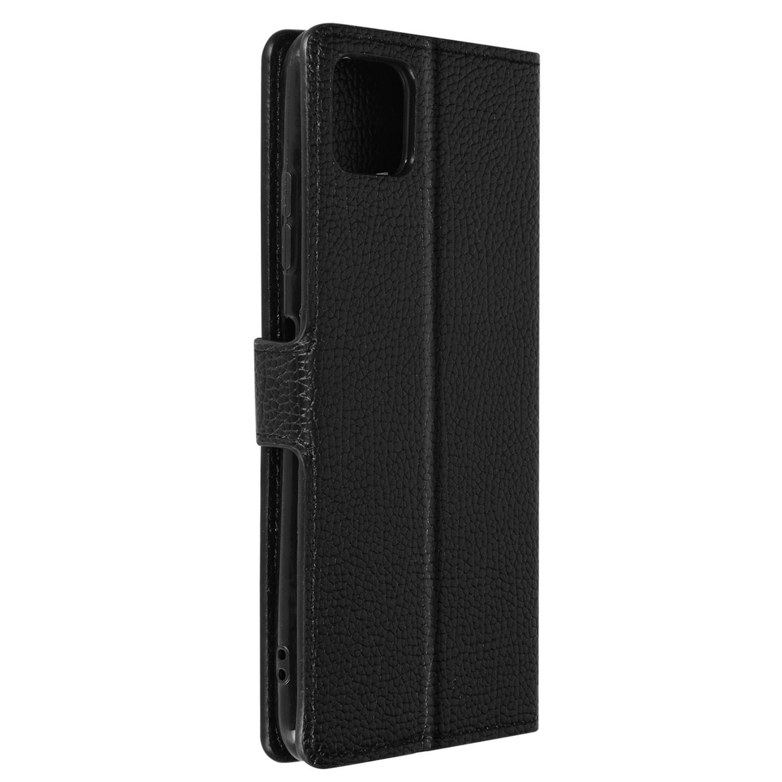 Eine schwarze Leder-Handyhülle mit Struktur, geschlossen und geöffnet gezeigt.