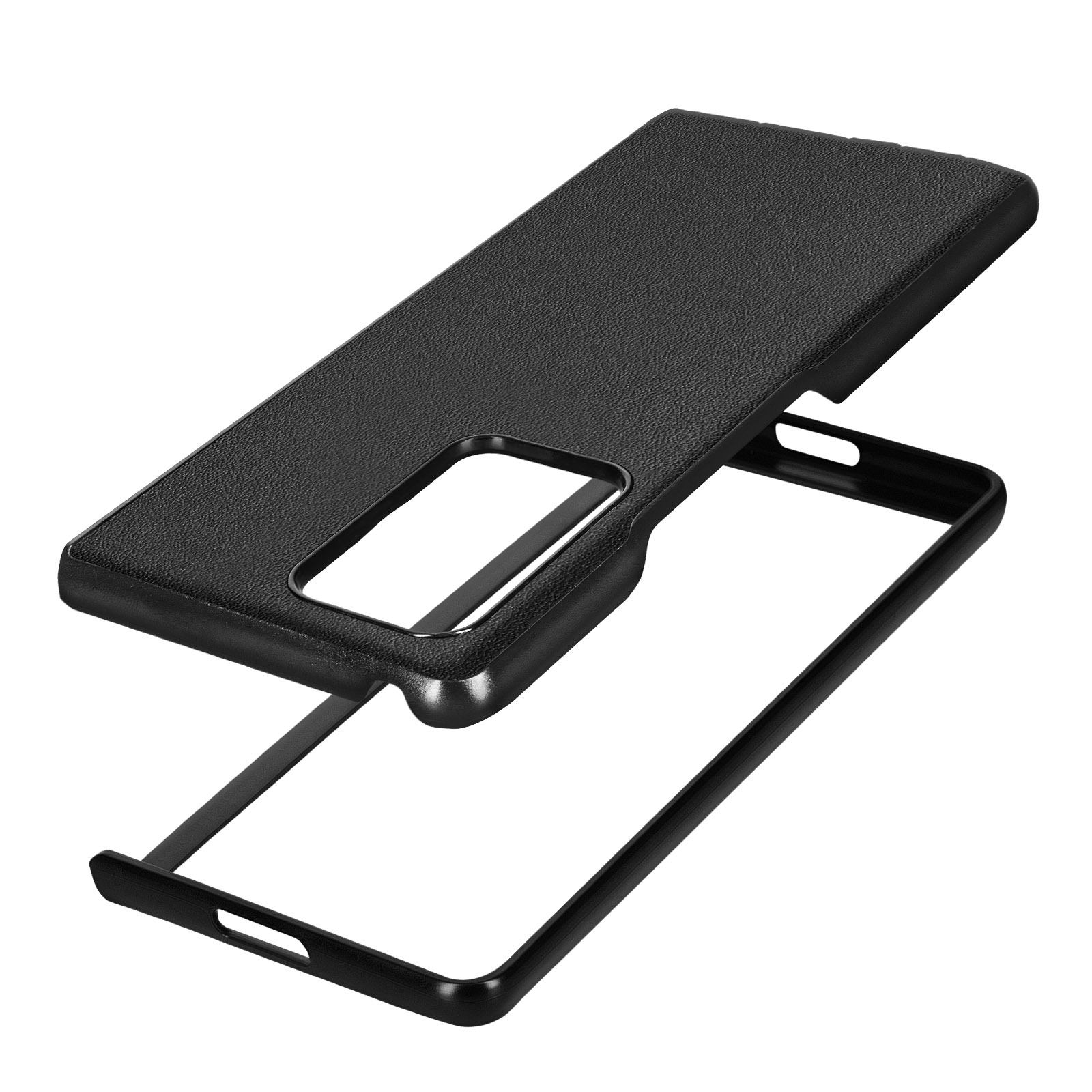 Custodia nera per telefono, con un telefono nella cornice. La custodia è strutturata.