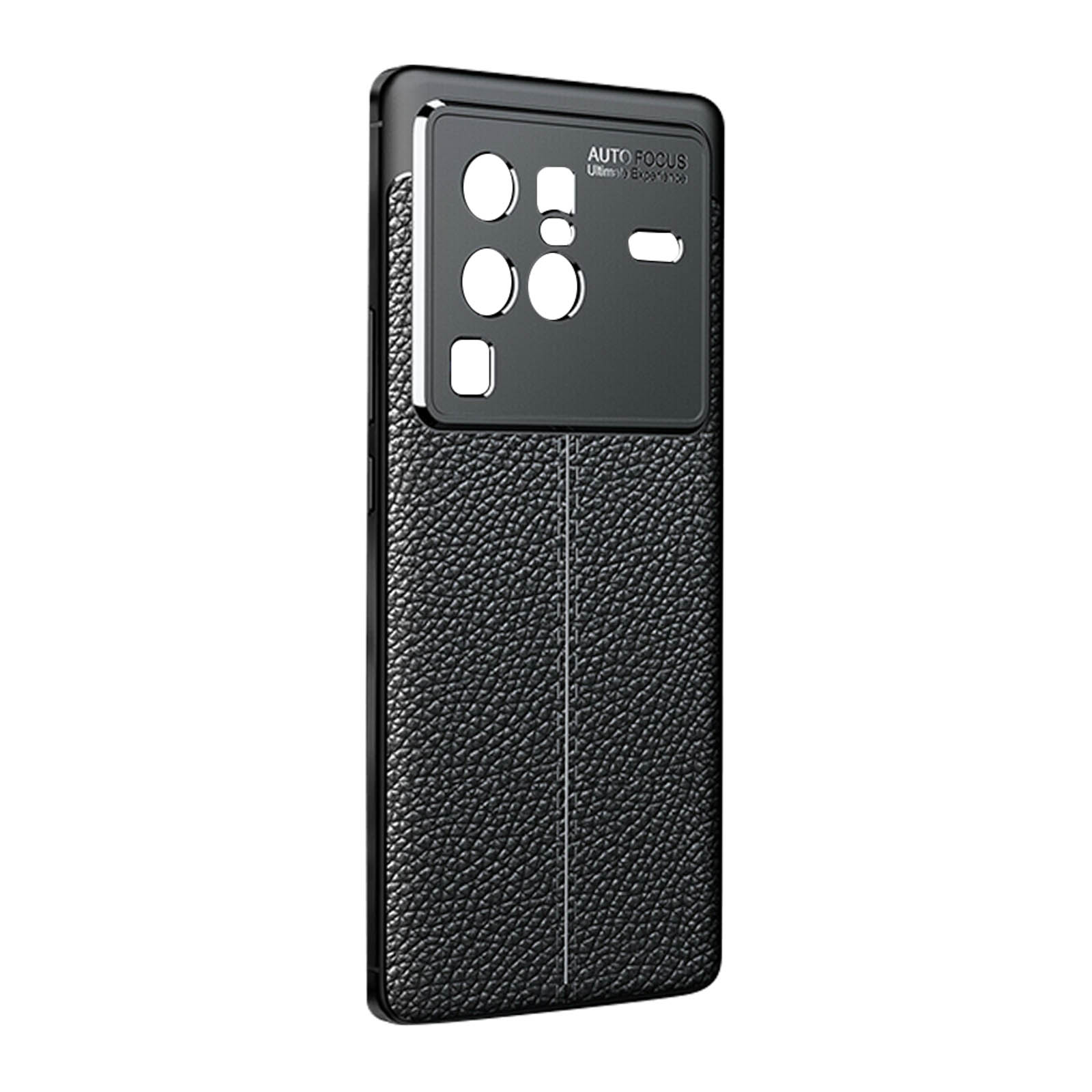 Custodia per telefono nera strutturata con modulo fotocamera e design nero e grigio.