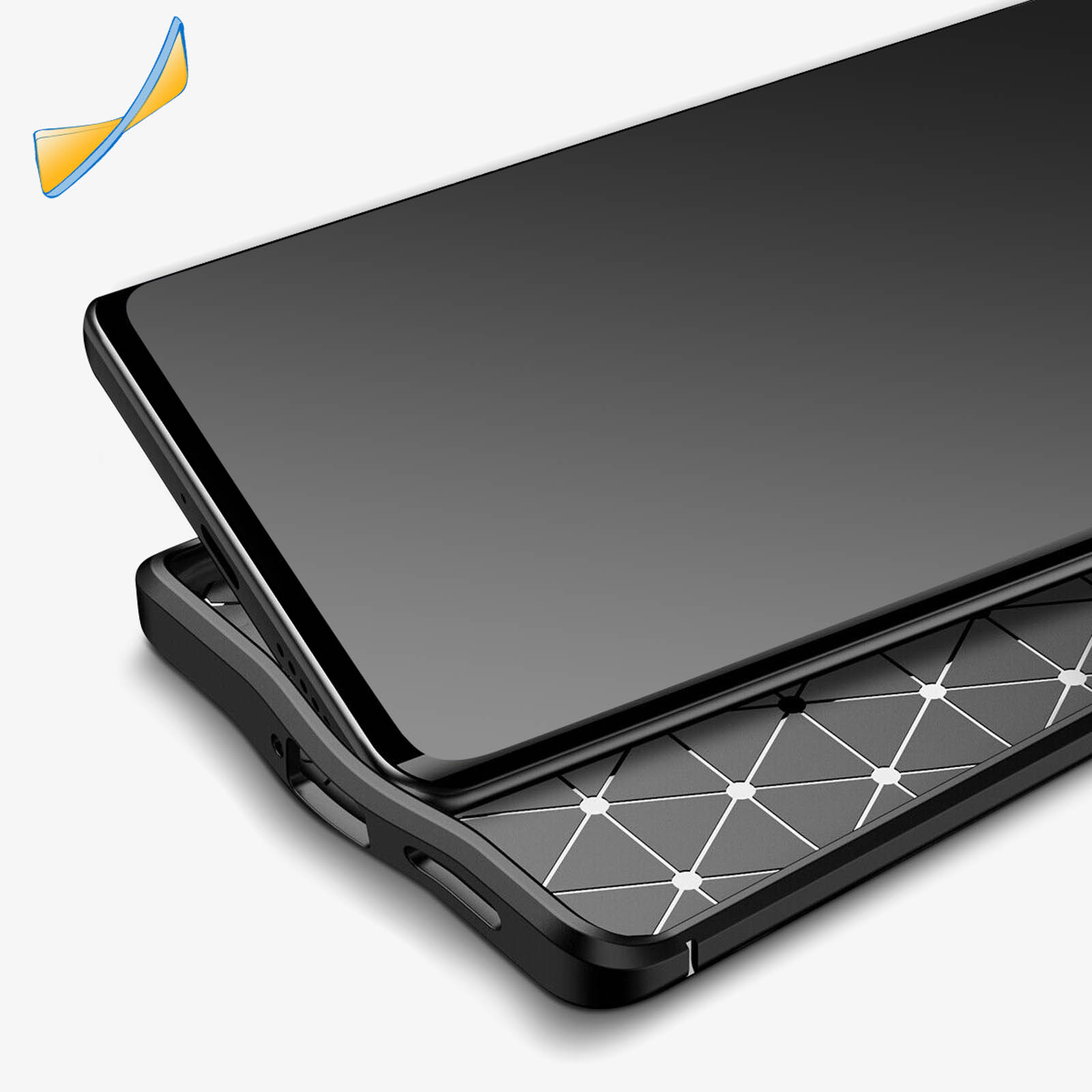 Un telefono nero con custodia nera. Un triangolo bianco nell'angolo in alto a sinistra.