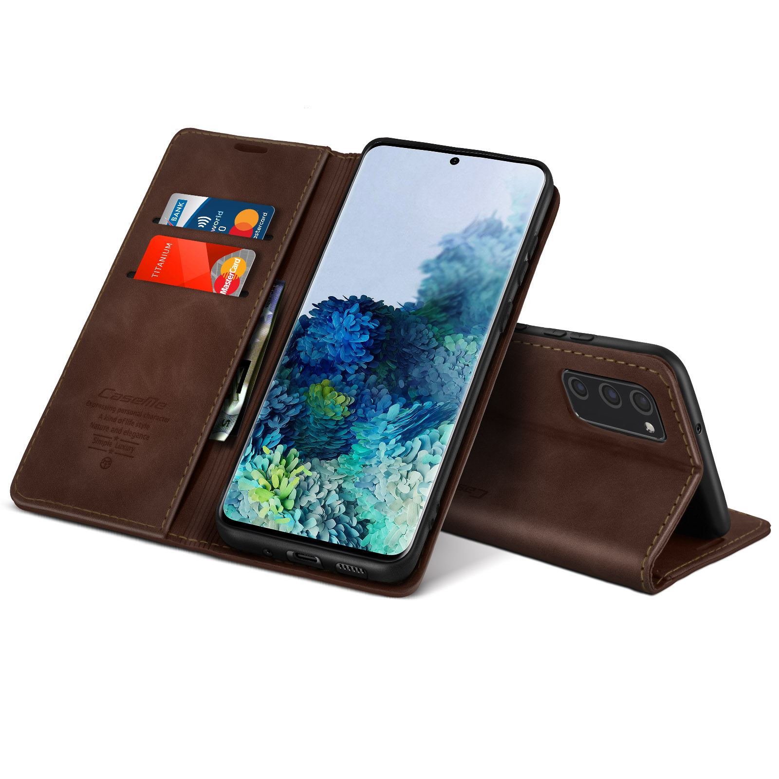 Geöffnete braune Leder-Handyhülle mit Karten und Telefon.
