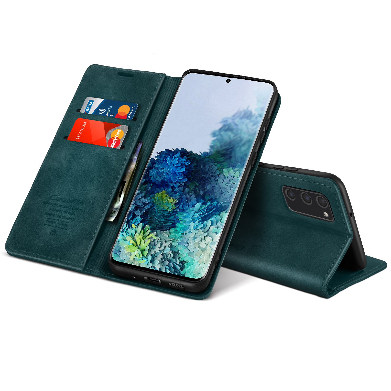 Eine grüne Leder-Handyhülle, geöffnet, um ein Telefon mit floralem Hintergrund und Kreditkarten in den Schlitzen zu zeigen.