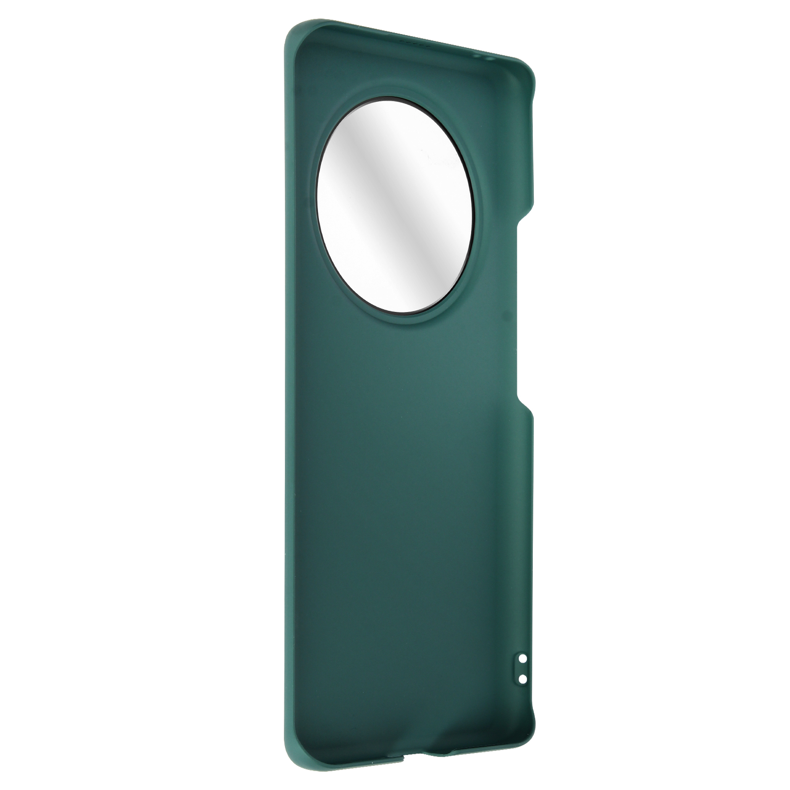 Custodia per telefono verde scuro con ritaglio circolare per la fotocamera e superficie riflettente.