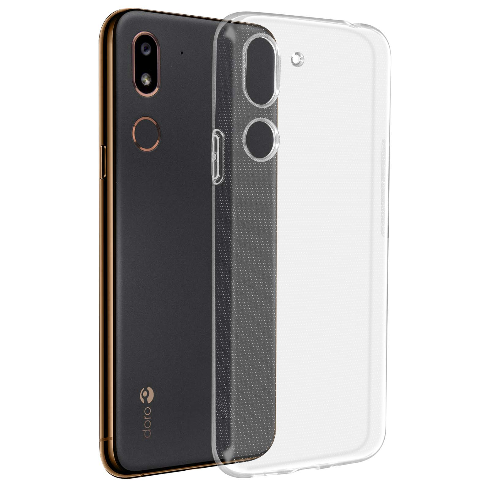 Schwarzes Telefon mit goldenem Rand in einer durchsichtigen Hülle, vor weißem Hintergrund.