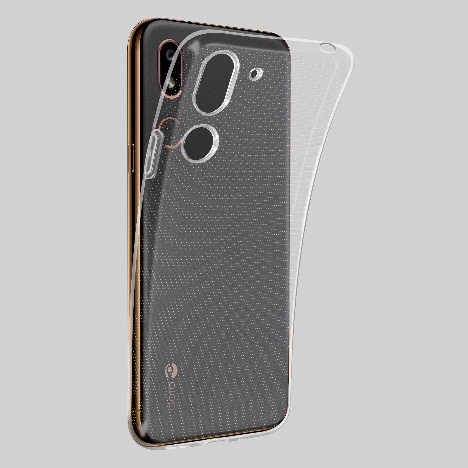 Transparente Handyhülle über einem Telefon, zeigt die Rückseite des Telefons, auf grauem Hintergrund.