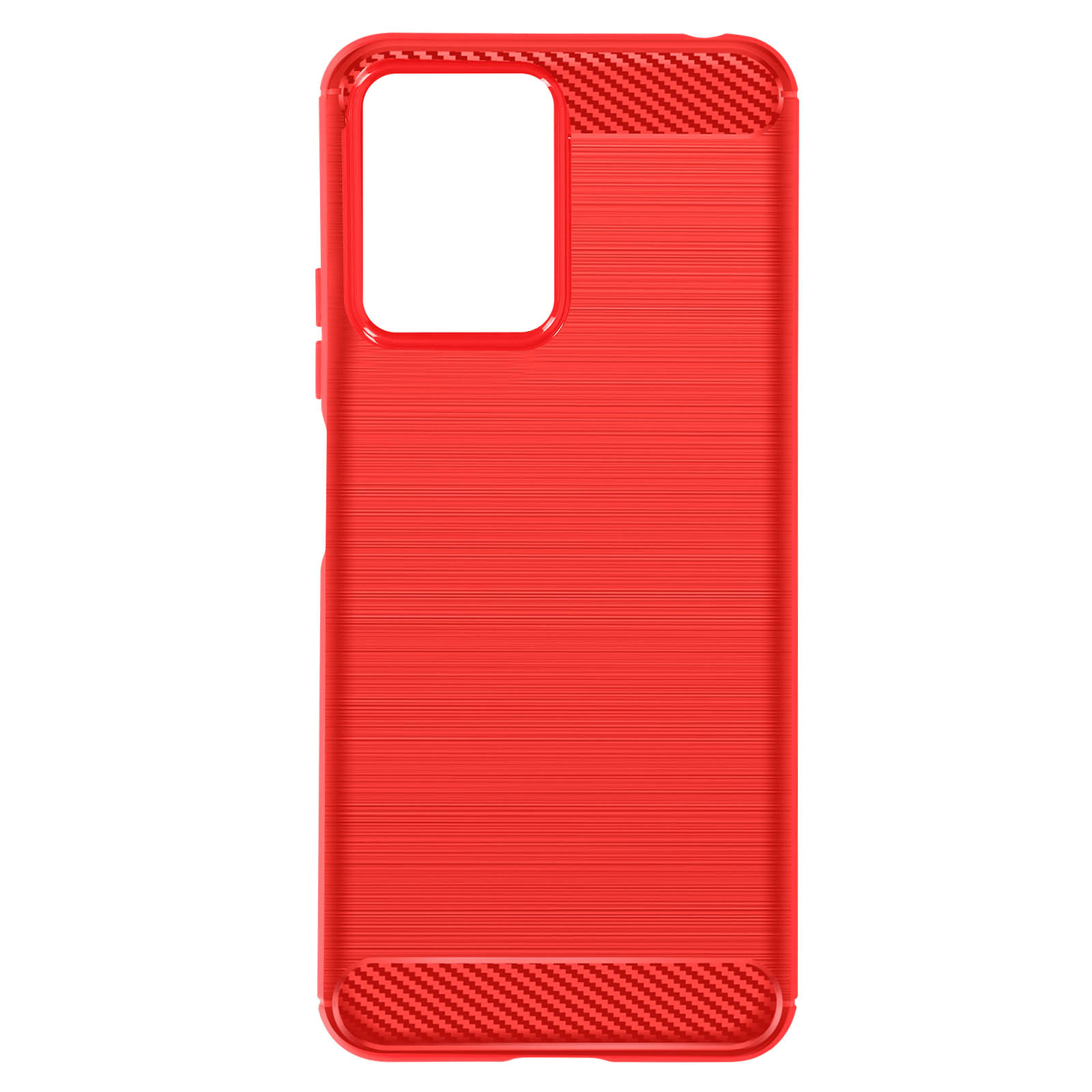 Una custodia per telefono rossa con un design strutturato in fibra di carbonio su sfondo bianco.