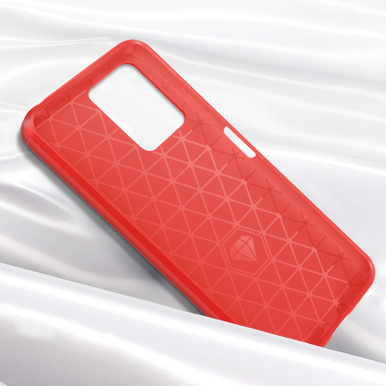 Custodia per telefono rossa con motivo geometrico. Logo a forma di diamante visibile. Sfondo bianco.