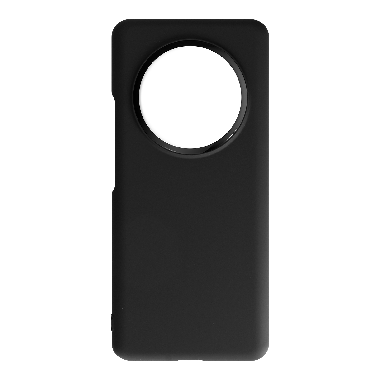 Custodia nera per telefono con un grande ritaglio circolare per la fotocamera.