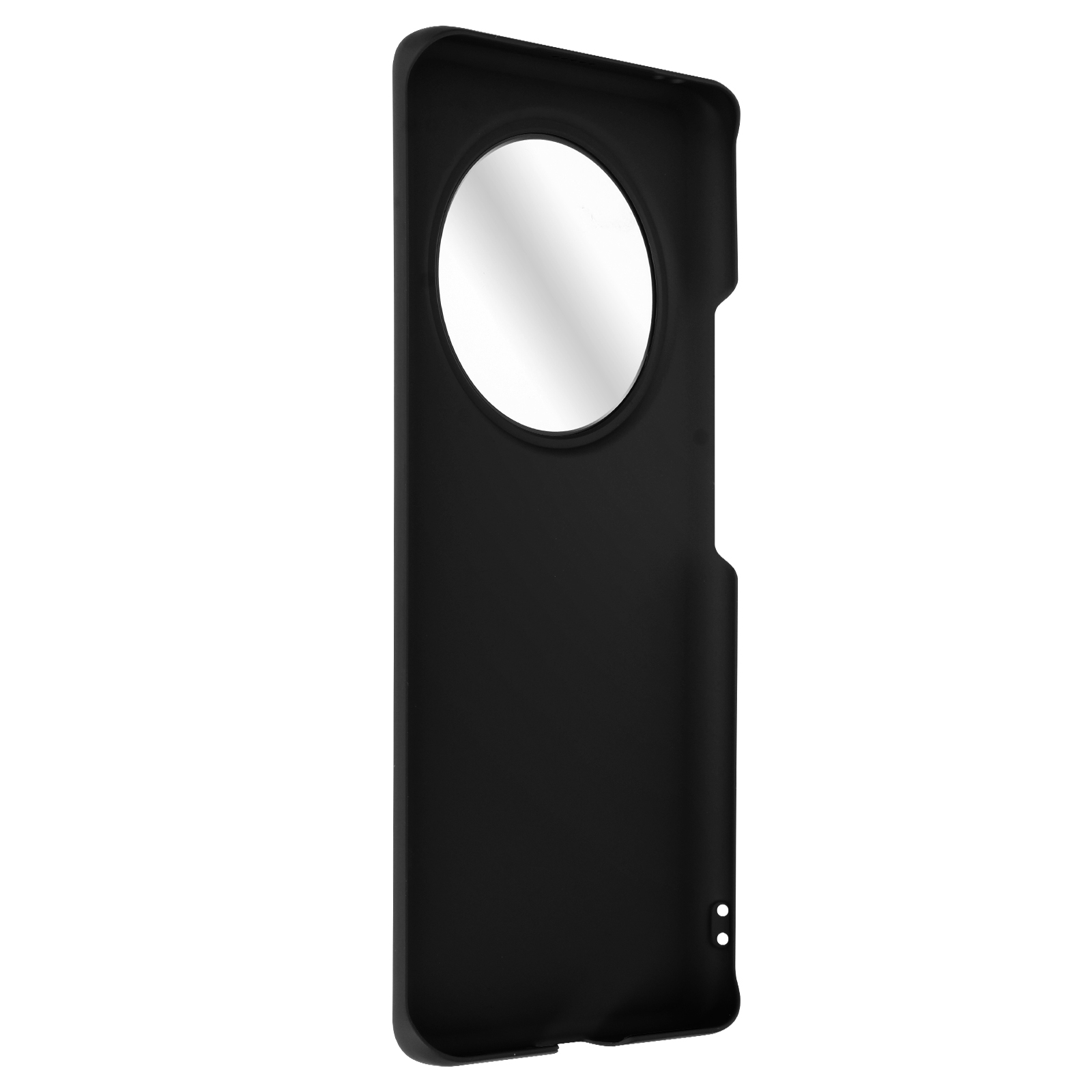 Una custodia per telefono nera con uno specchio. La custodia ha un ritaglio rotondo per una fotocamera.