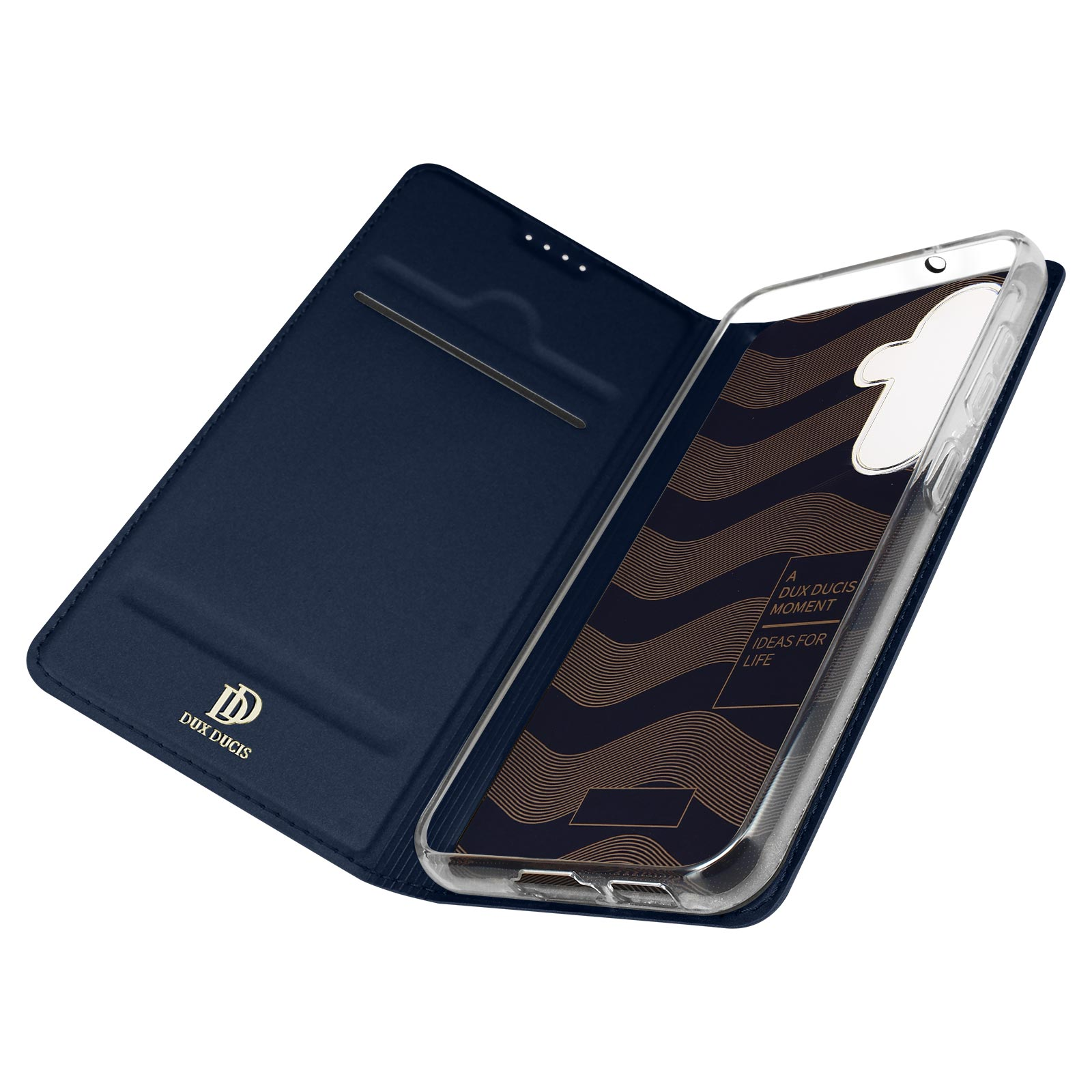 Blaue Handyhülle, geöffnet, um das Telefon im Inneren und ein Design im Brieftaschenstil zu zeigen.