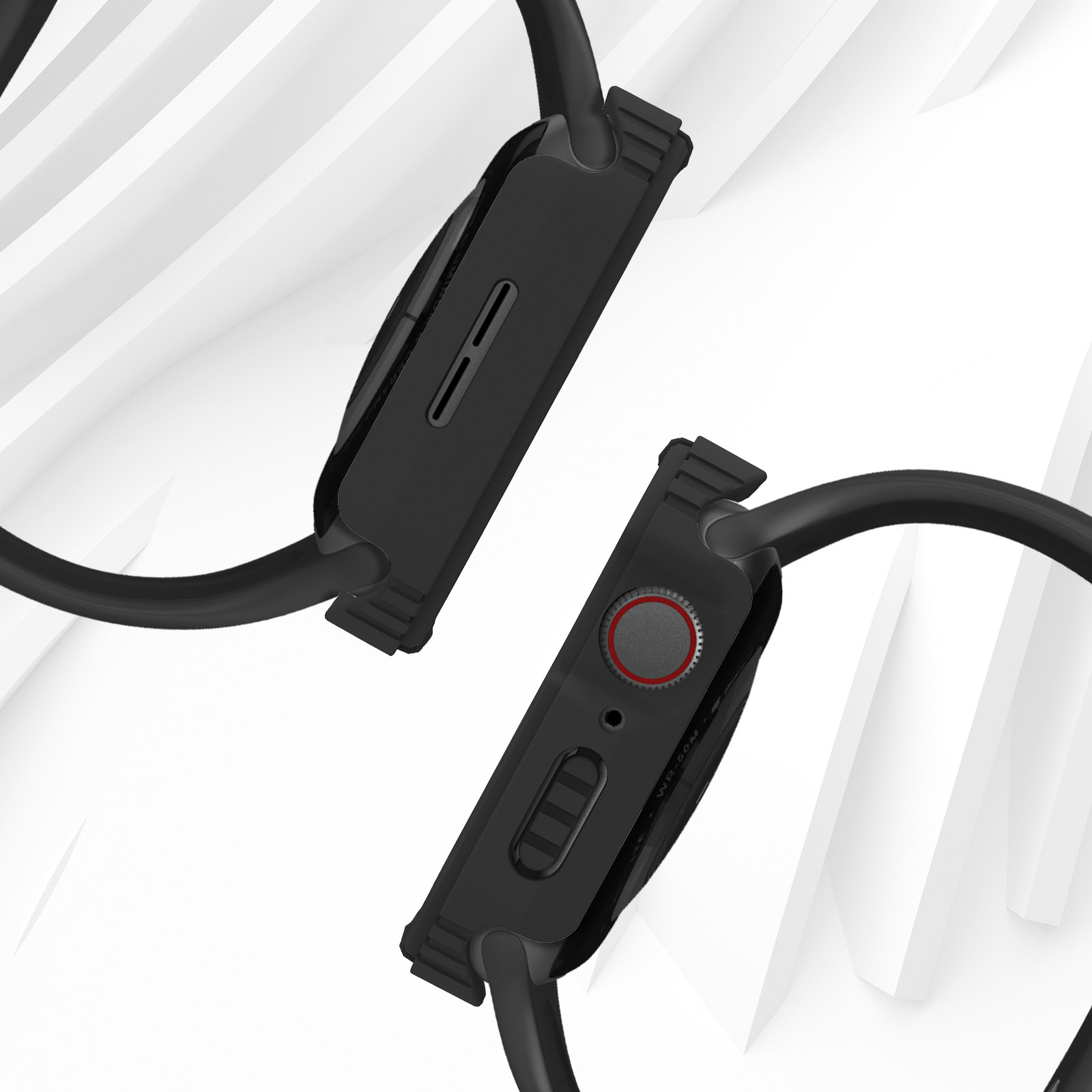 Zwei schwarze Smartwatches, schräge Ansicht. Eine hat Knöpfe. Weißer Hintergrund.