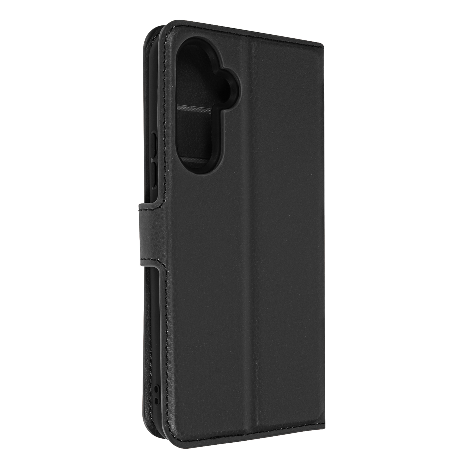 Zwarte leren telefoonhoes, gesloten. De voor- en achterkant hebben een ledertextuur. Zwarte achtergrond.