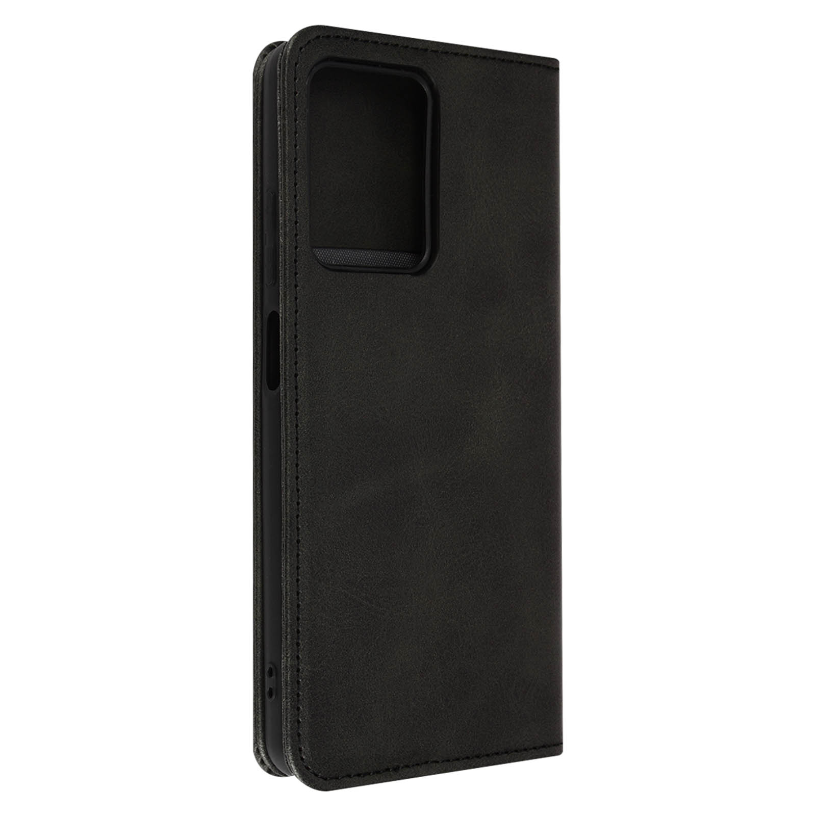Custodia per telefono nera, stile a portafoglio. Chiusa, design semplice.