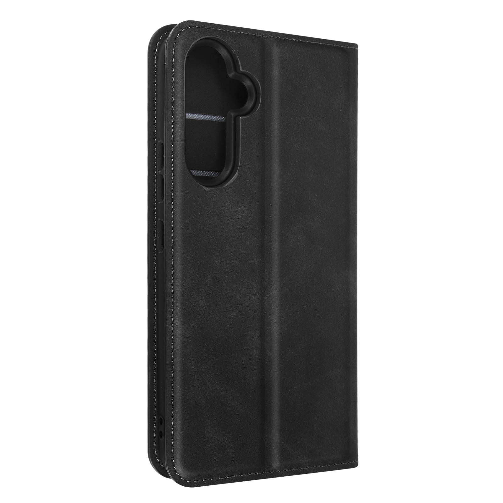 Schwarze Leder-Handyhülle geschlossen. Sie hat eine Telefon-große Öffnung. Die Innenseite hat eine Halterung und Kartenfächer.