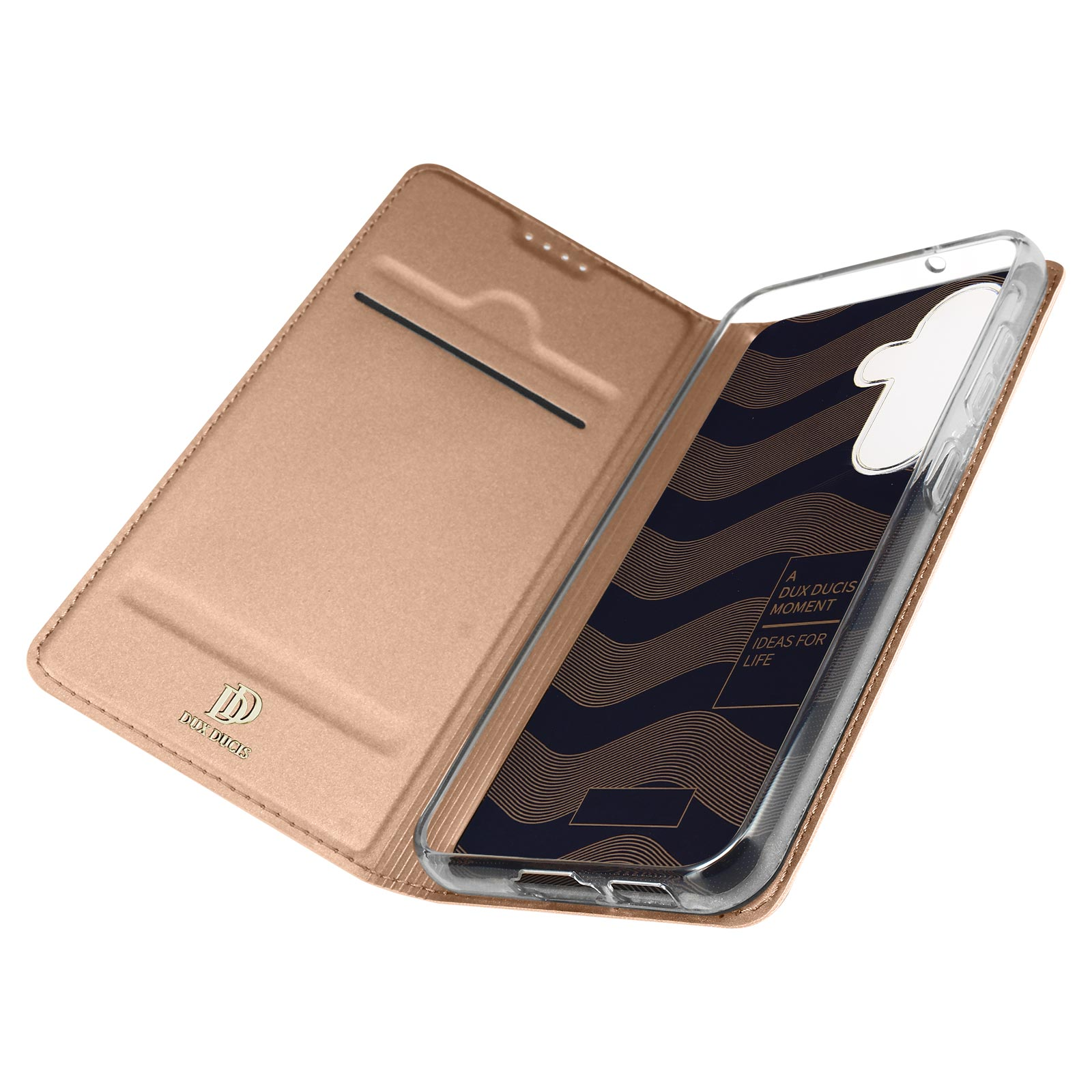 Une coque de téléphone avec un cadre doré, une couverture ouverte avec une fente pour carte et un support transparent.